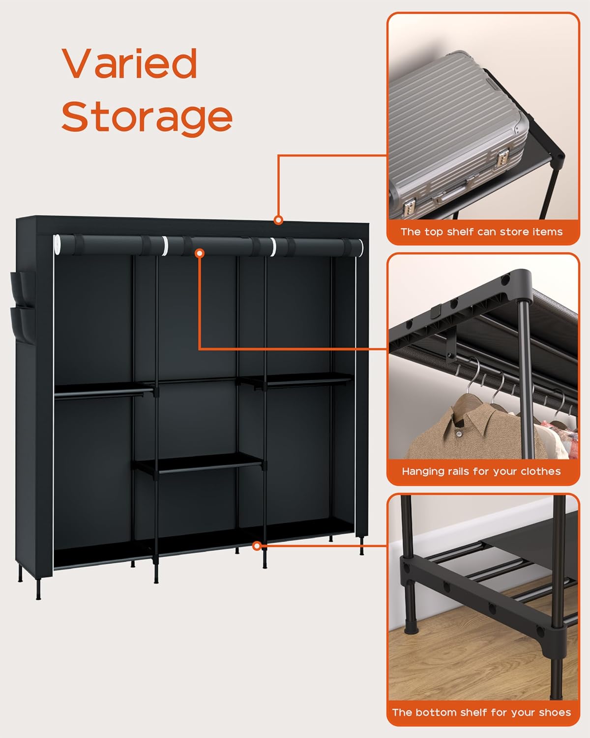 Portable Closet, 81.5 Inch Extra Large Capacity Wardrobe Closet with Cover, Clothes Storage Organizer with Shelves and 5 Hanging Rods, Easy to Assembly, Black PCT136B01