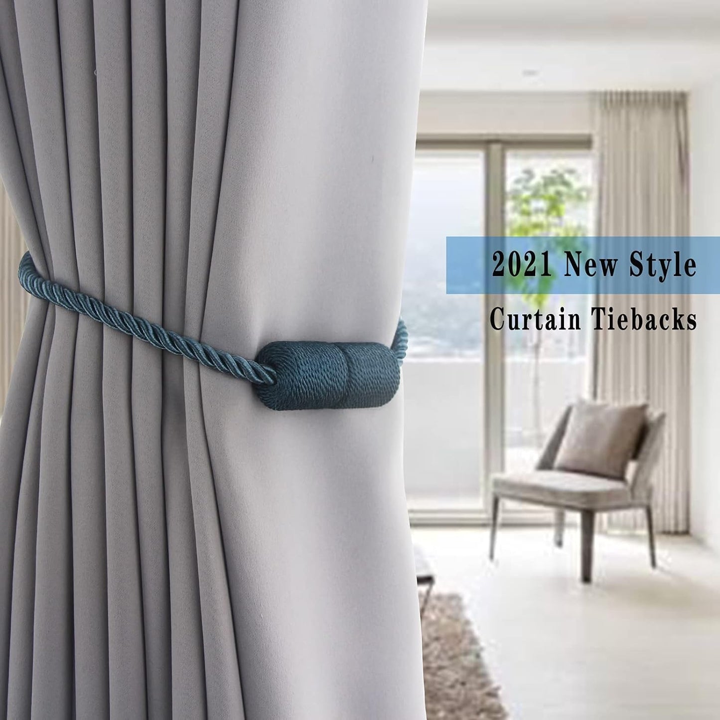 4 Pack Blue Strong Magnetic Curtain Tiebacks Outdoor Elegant Decorative Tie Backs Modern Rope Tiebacks for Drapes Window Curtain Holdbacks for Draperies