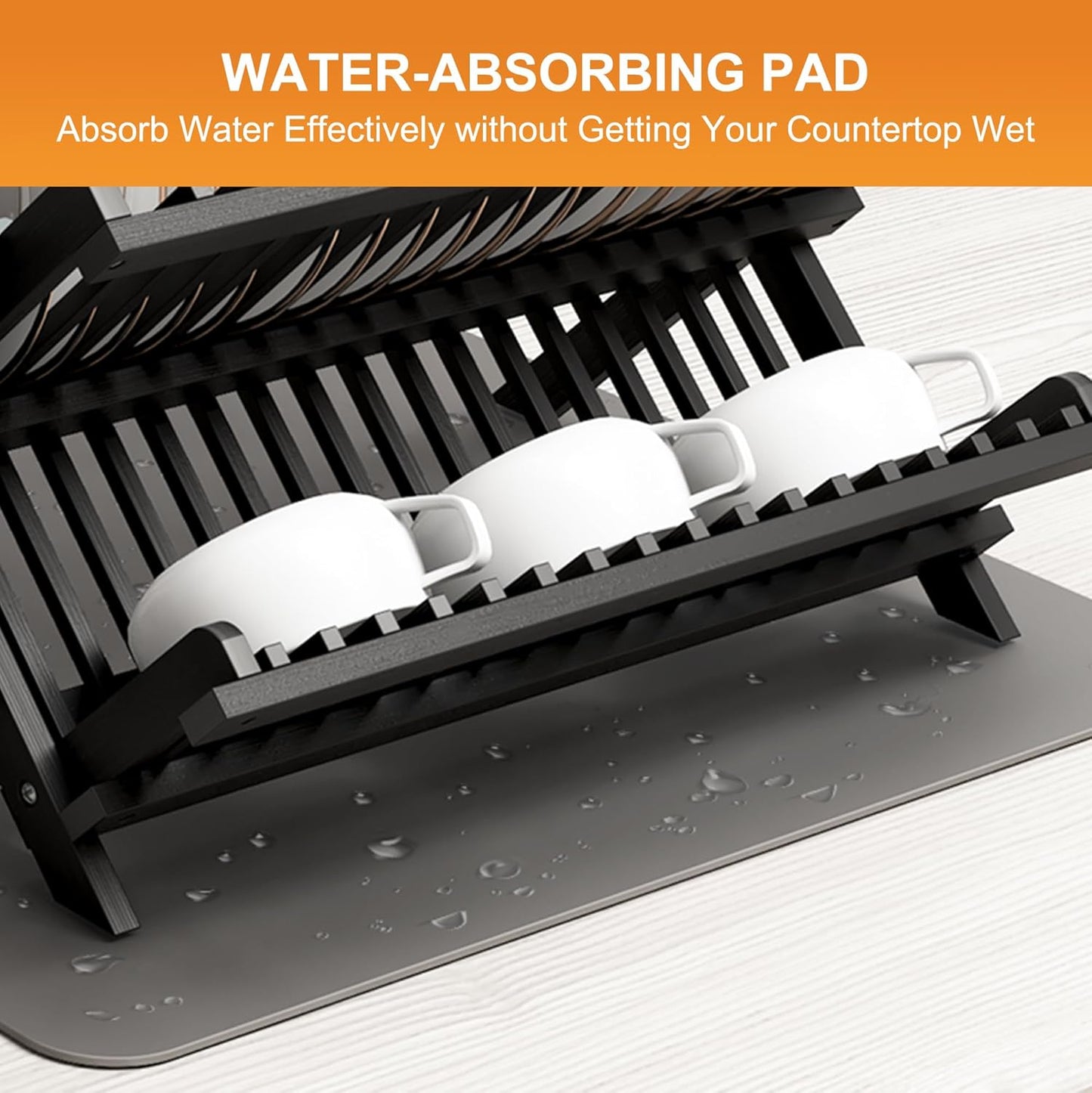 Greenual Black Bamboo Dish Drying Rack with Utensil Holder, 2 Tier Collapsible Dish Rack, Wooden Dish Racks for Kitchen Counter, Folding Drying Holder with Absorbent Dish Drying Mat