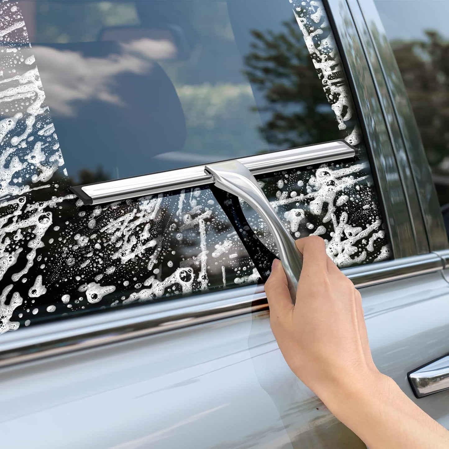 All-Purpose Stainless Steel Shower Squeegee for Shower Glass Door with 2 Adhesive Hooks, Bathroom Cleaner Tool Household Window Mirror Squeegee for Glass Doors, Cleaning Tile Wall, Car, 14 Inch Silver