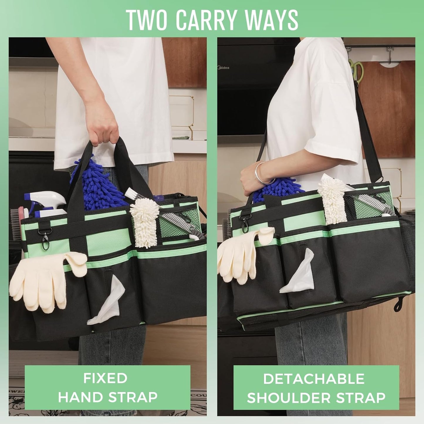 Wearable Cleaning Caddy, Cleaning Caddy Supplies Organizer with Handle & Shoulder Straps for Housekeepers, Under Sink & Car Cleaning Tool Organizers Bag with 4 Foldable Divider (MintGreen)