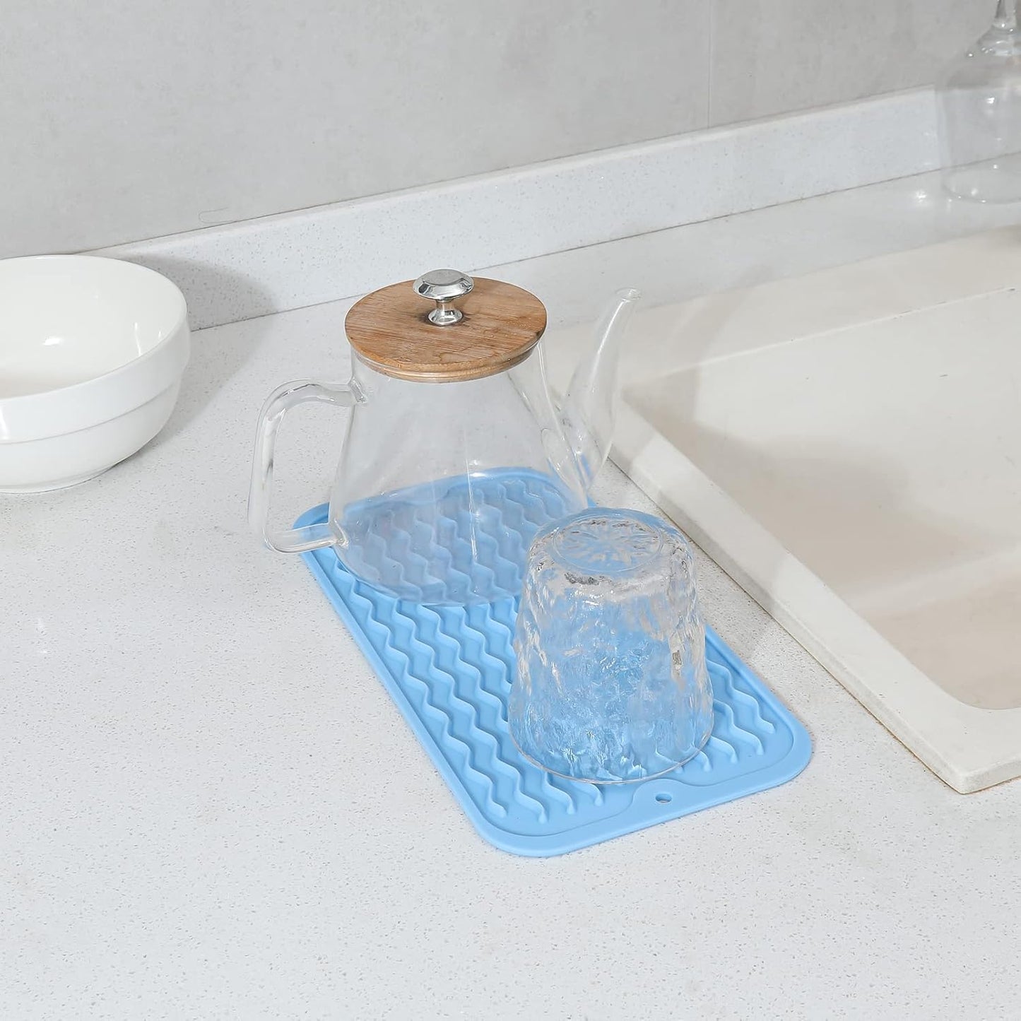 Silicone Dish Drying Mat for Multiple Usage,Easy clean,Eco-friendly,Heat-resistant Silicone Mat for Kitchen Counter or Sink,Refrigerator or Drawer Liner Light Blue S 12 inches x 6 inches