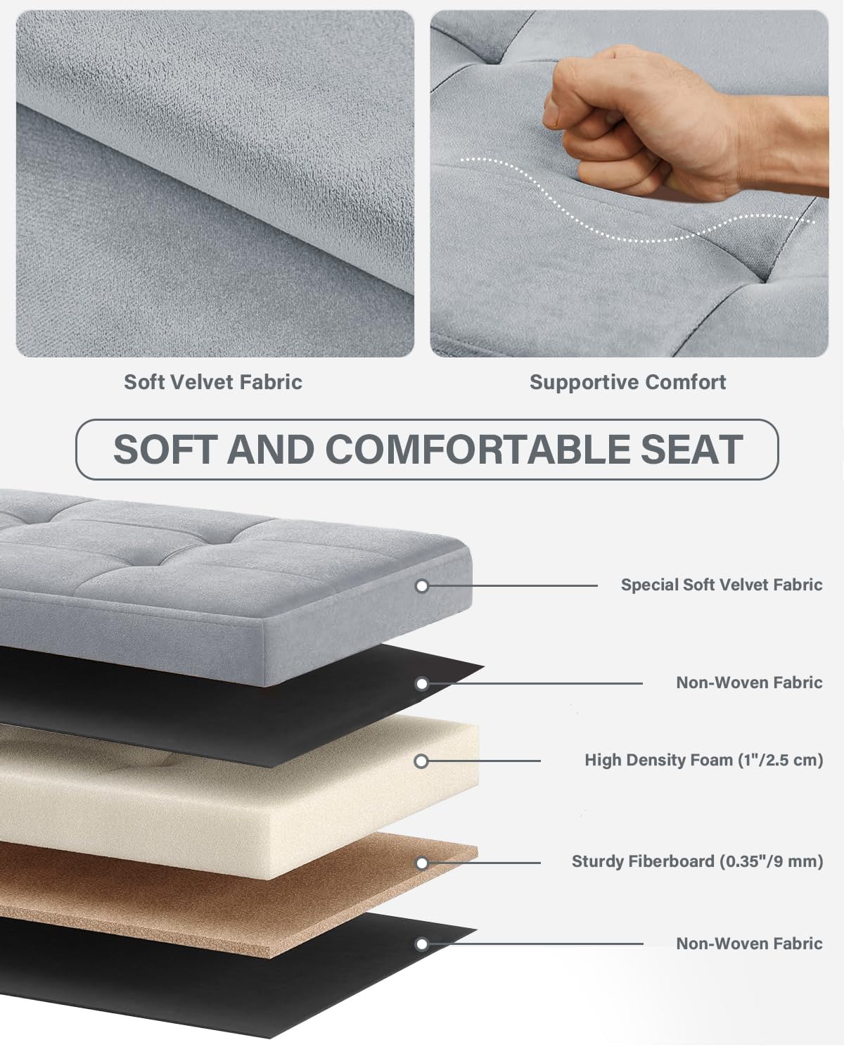 Folding Storage Ottoman, Velvet Storage Bench, Footrest, Removable Divider, for Living Room, Bedroom, 15 x 30 x 15 Inches, 660 lb Load Capacity, Dove Gray UASND01G