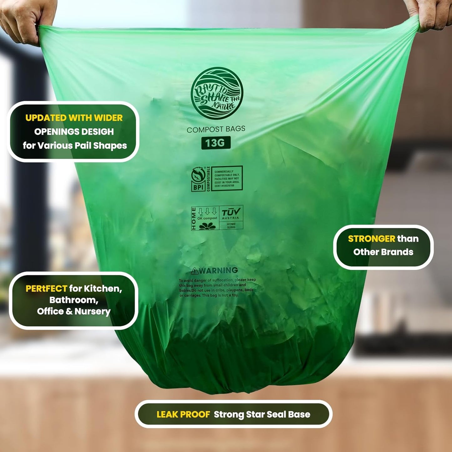 RAYTID 13 + Gallon Compostable Trash Bags,70 Count, Extra Thick 1.1 Mil, Tall Kitchen Food Scrap Waste Bag, ASTM D6400, US BPI and OK Compost HOME Certified