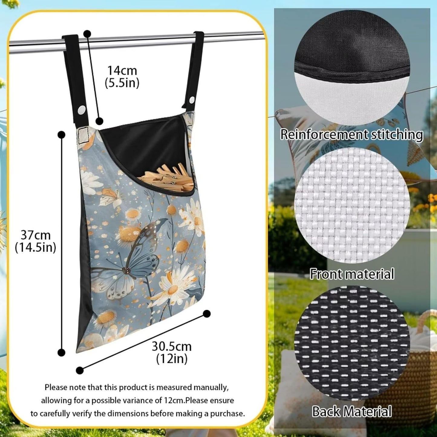 Butterfly Clothespin Bag with Hanging Rope 14.5 x 12 Inch Summer Waterproof Laundry Clothes Pin Holder Clothespin Storage Organizer with Large Opening for Home Outdoor