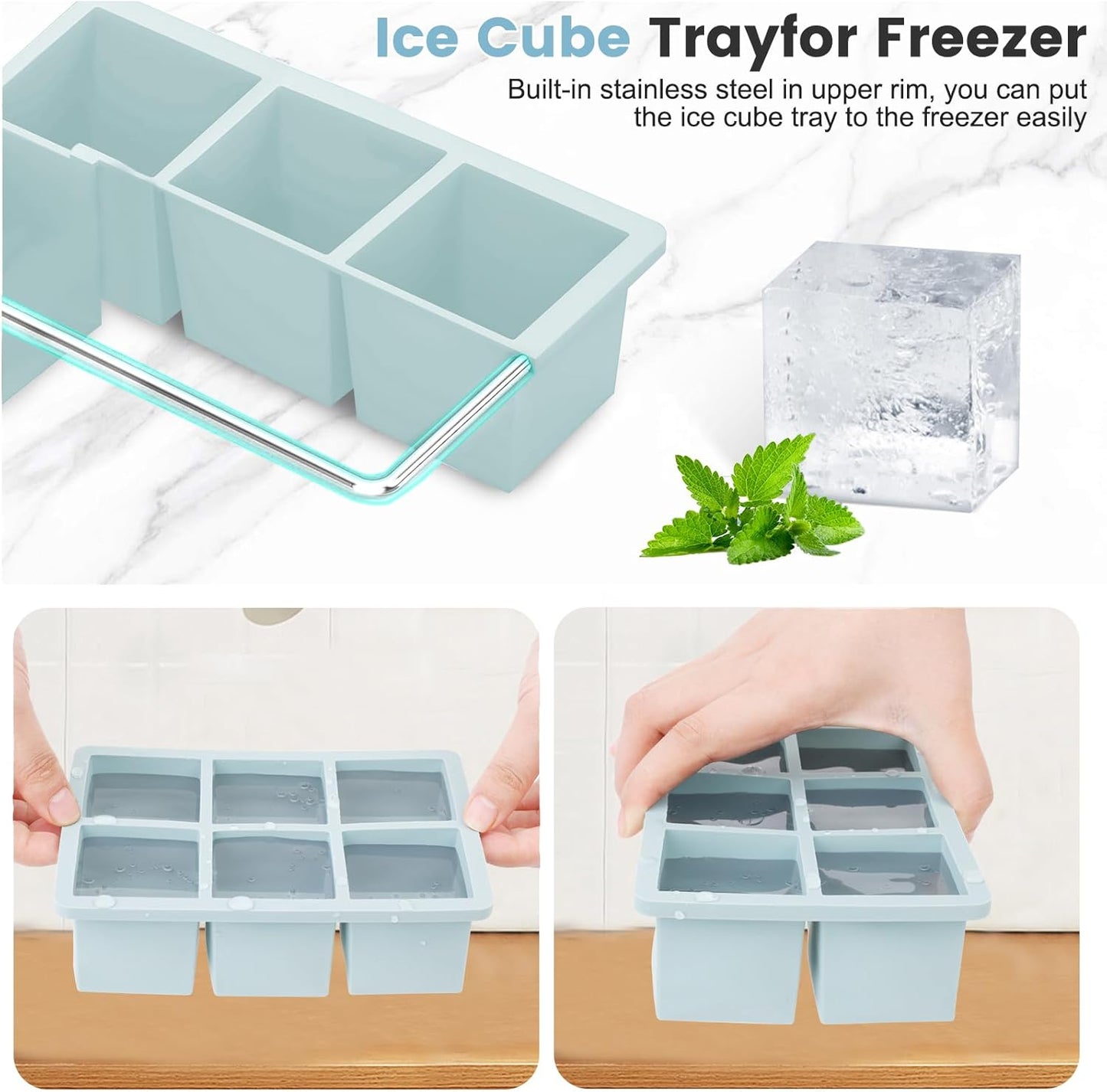 Large Silicone Ice Cube Tray 3Pack, SAWNZC Big Square Ice Cube Molds for Whisky Cocktail, Ice Maker Tray with Lid for Freezer, Easy Release (2, Blue)