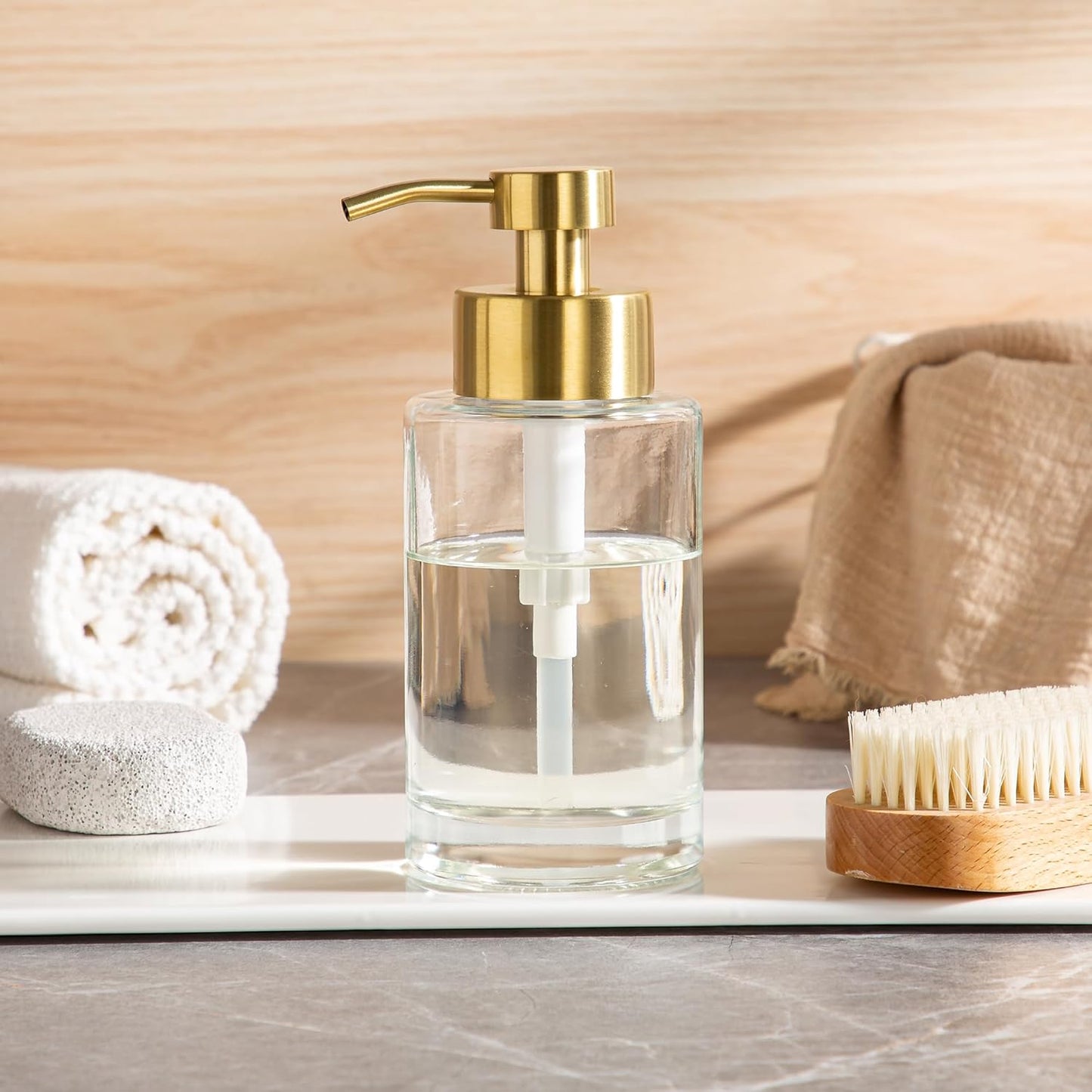 Enra Thick Glass Soap Dispenser with Stainless Steel Gold Pump,12oz Bathroom Hand Liquid Soap Dispensers,Lotion Dispenser,Soap Dispenser for Bathroom,Kitchen(Clear/Gold Liquid Type)