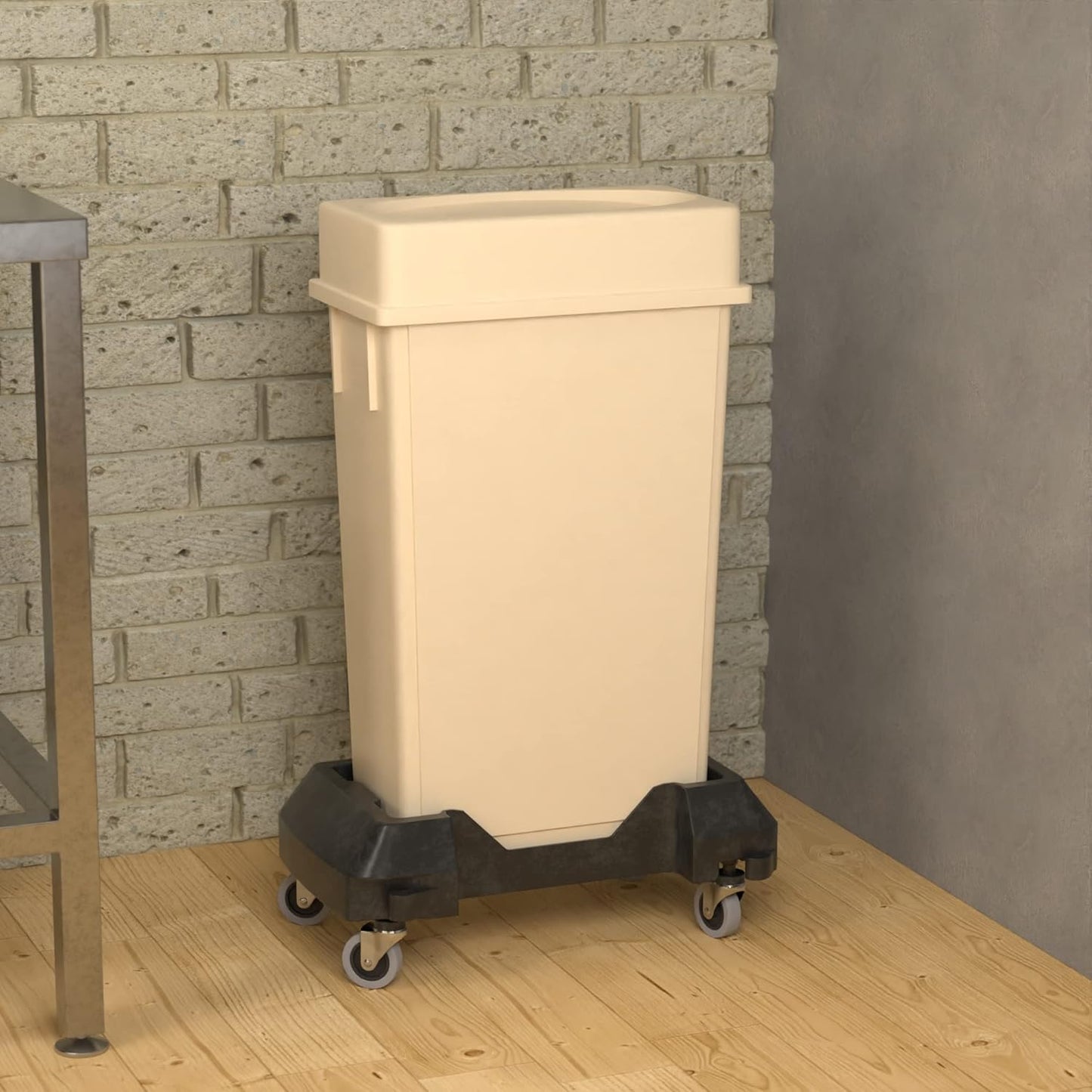 23 Gallon Beige Slim Jim Trash Can with Drop Shot Lid and Dolly