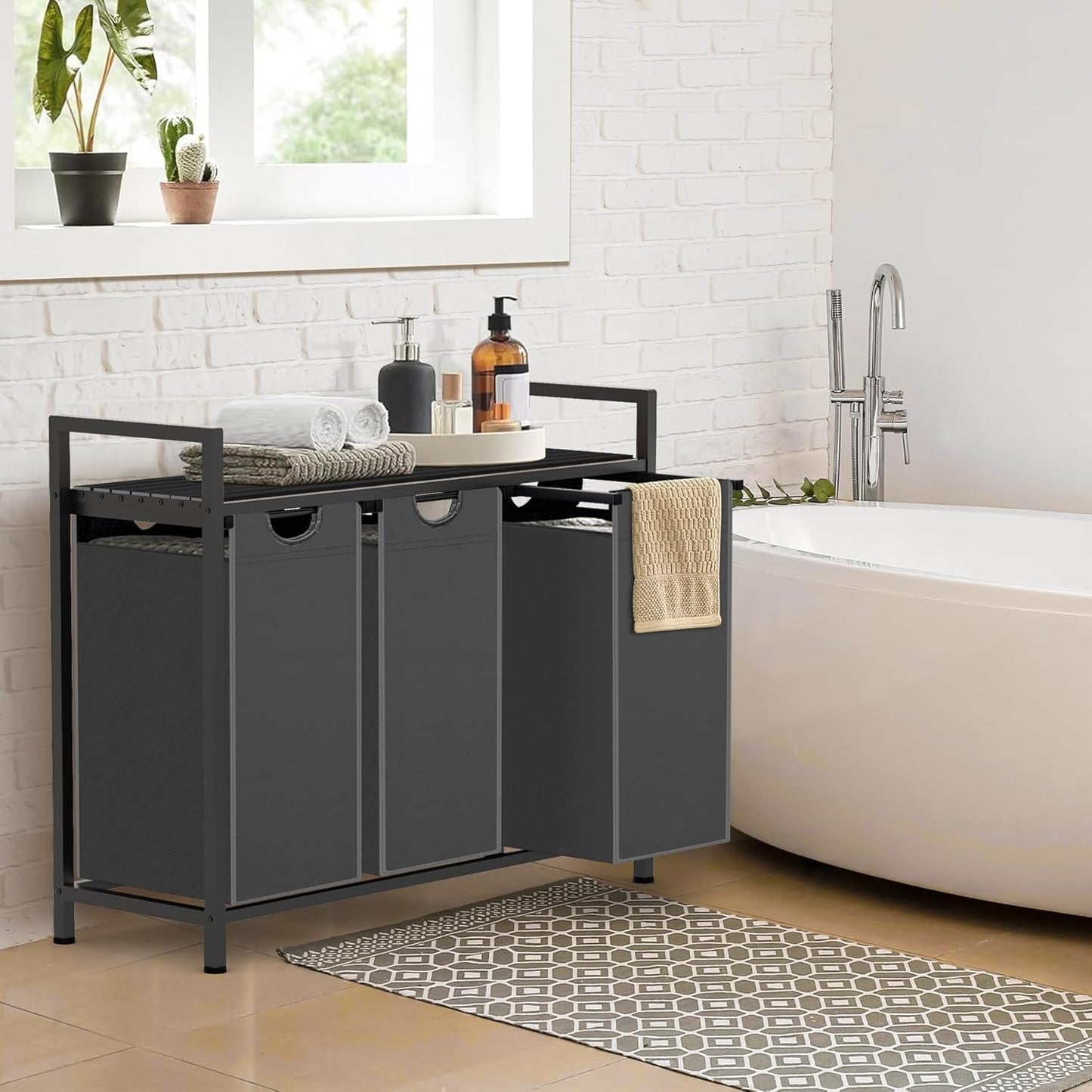 Laundry Hamper, Laundry Sorter with 3 Pull-Out Removable Oxford Fabric Bags Cloth Laundry Basket 3 x 10 Gallons (Grey and Charcoal Black)