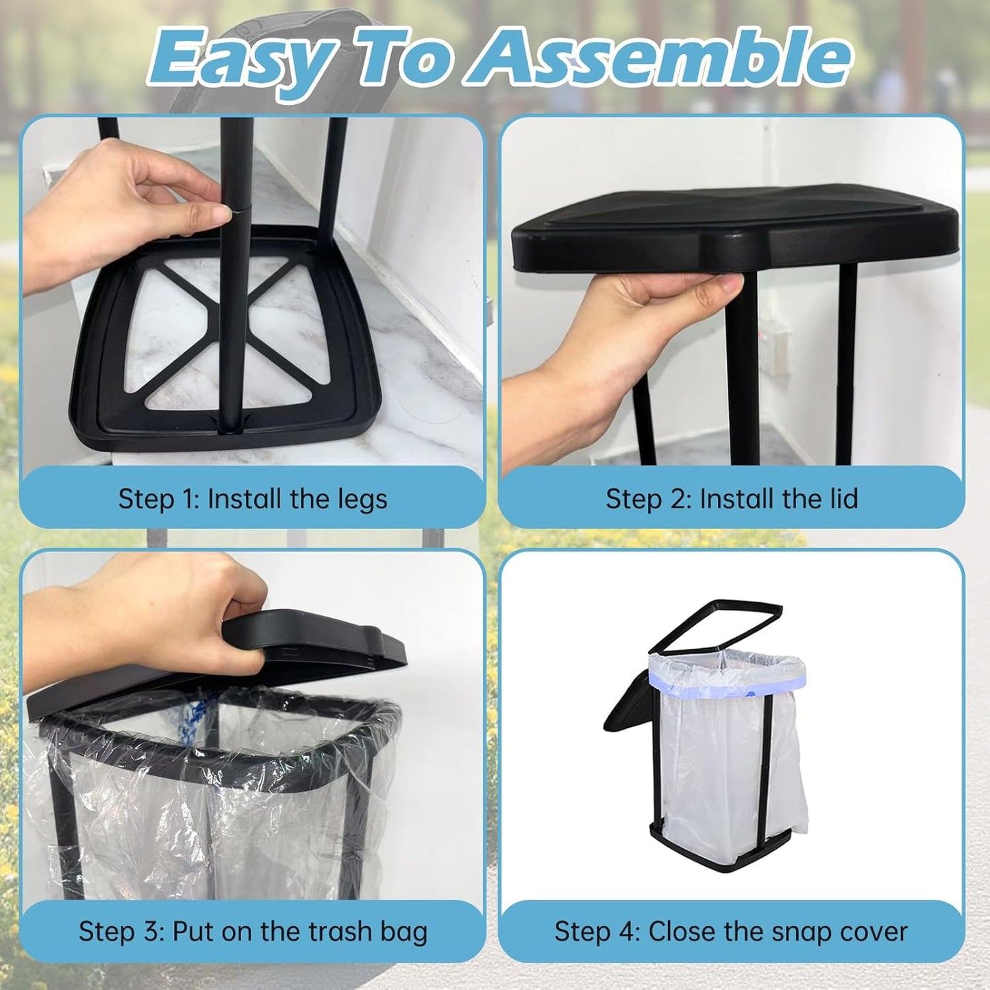 Collapsible Trash Bag Holder Portable Garbage Bin Holder Stand for Kitchen Outside 13 Gallon Plastic Outdoor Trash Can with Lid for Parties and Camping, Black