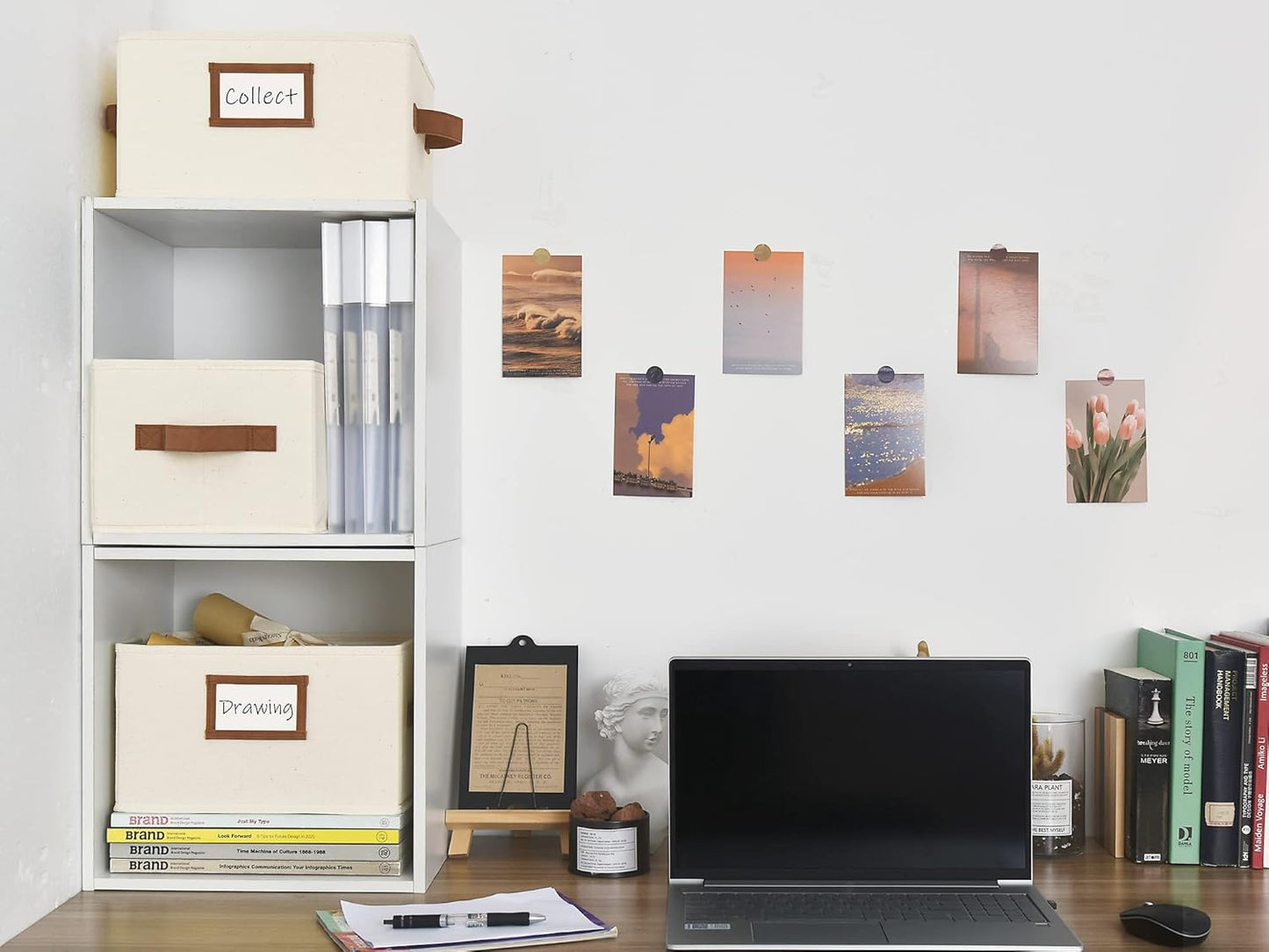 StorageWorks Storage Baskets for Shelves, Foldable Fabric Closet Storage Bins with PU Handles, Fabric Storage Bins Clothes Organizer, Ivory White, 3-Pack, Small