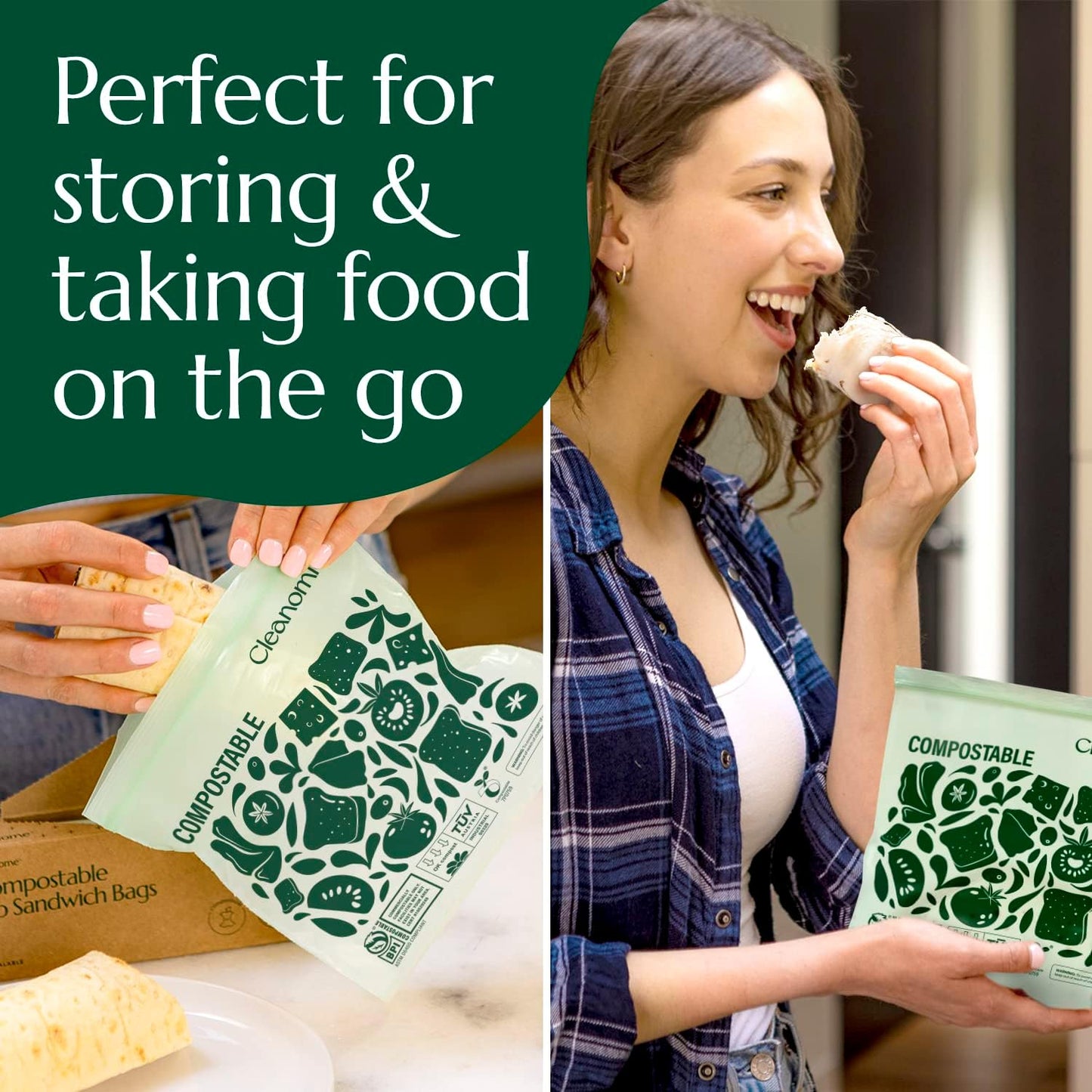 Cleanomic Compostable* Sandwich Size Food Storage Bags (25 Eco Zip) Freezer and Leak Proof, Also Available Gallon, Quart and Snack Size Bags