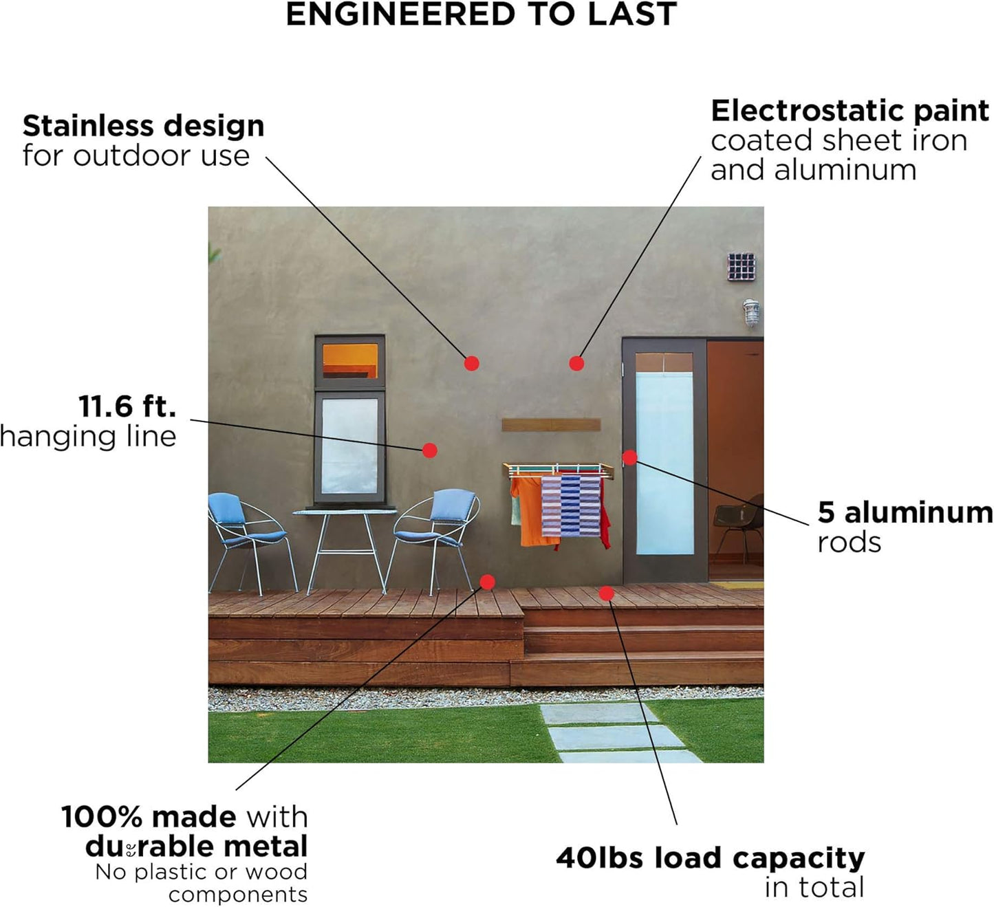 Step Up Laundry Drying Rack (27.5-INCH Industrial Gray), Wall Mounted, Retractable Clothes Drying Rack, 40lbs Load Capacity, 11.6 Linear Ft, with Wall Template and Long Screwdriver Bit