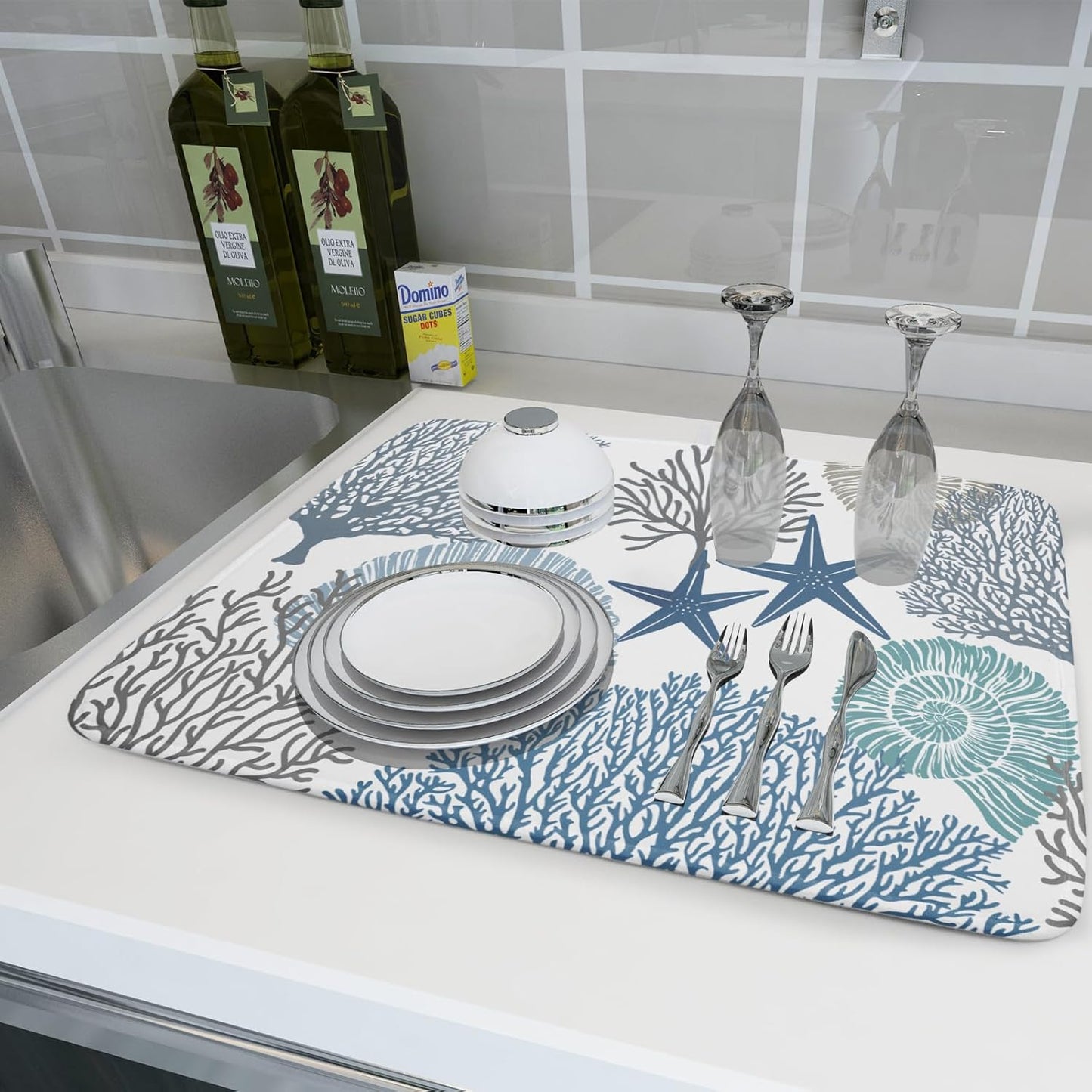 Blue Coral Dish Drying Mat 18x24 Inch Absorbent Reversible Summer Beach Drying Mat Nautical Coastal Starfish Dish Drying Rack Mat Ocean Themed Dish Drainer Mat for Kitchen Counter Coffee Bar
