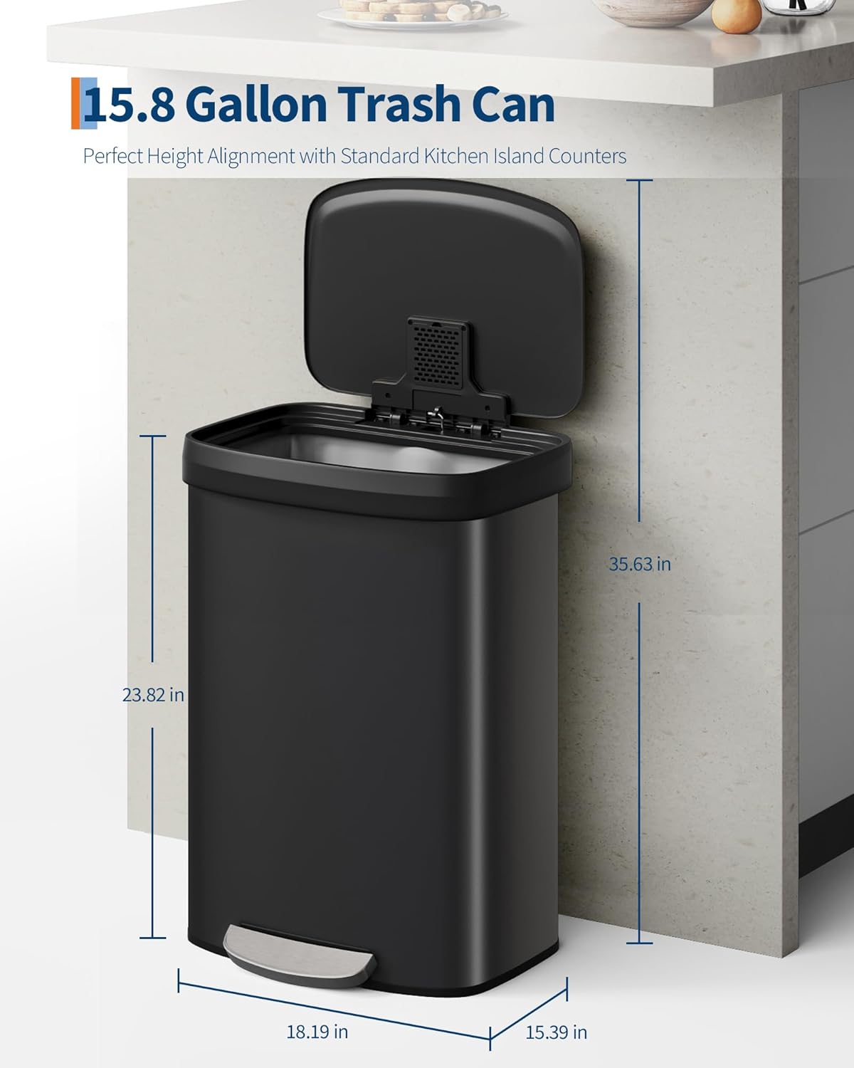 Garvee 16 Gallon / 60 Liter Metal Trash Can with Lid, Large Garbage Can for Kitchen, Rustproof Step-on Kitchen Metal Trash Bin with Liner Rim, Rear Handle, Soft Close Plastic Lid, Black