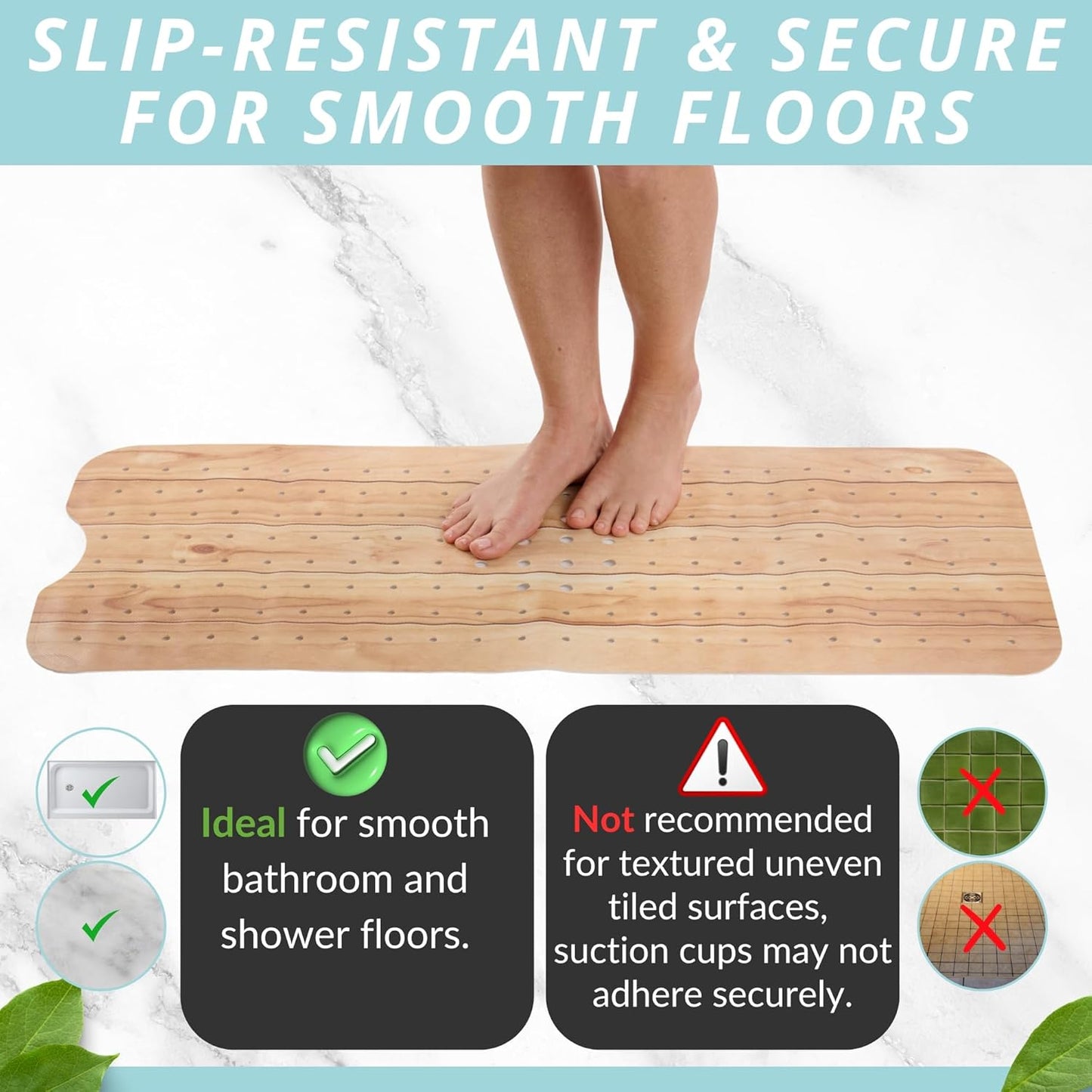 ENKOSI Bath Mat – PVC Large 40 x 16 Inch Non-Slip Bathtub Mat with Secure Suction Cup Grip & Drain Holes – Extra Long Bathroom Shower Mat for Tub and Shower Floors with Wood Print Design (40x16 Wood)