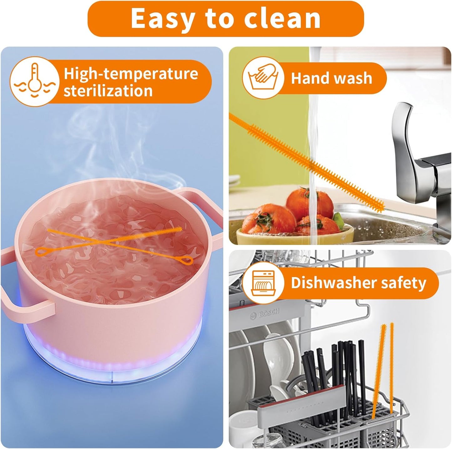 2Pcs Silicone Straw Cleaner Brush, 9.84in Reusable Straw Cleaner with Bendable Steel Core, Extra Long Soft Bottle Brush for Clearing Glass Straws, Smoothie Straws, 9mm&6mm (Orange)