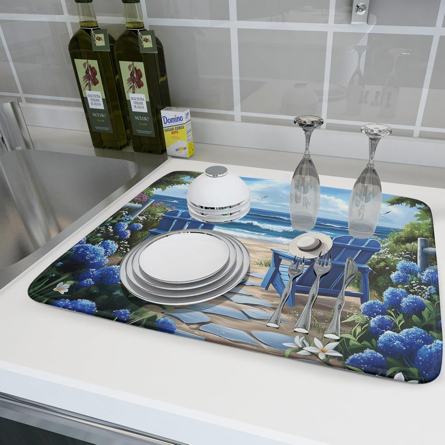 Summer Beach Dish Drying Mat 18x24 Inch Sea Shells Flowers Kitchen Mats Blue Microfiber Absorbent Dish Drainer Rack Mats Non-Slip Ocean Themed Sink Dishes Pad for Kitchen Counter Coffee Bar