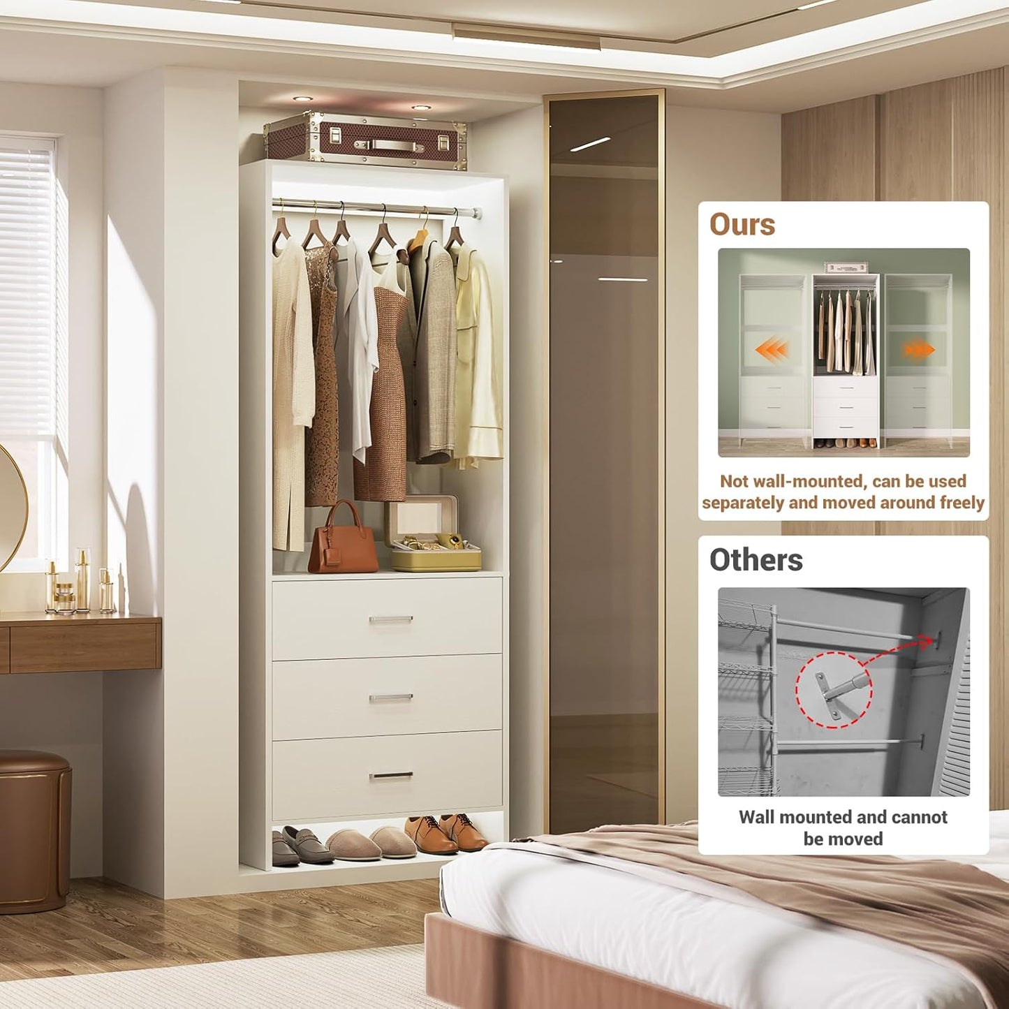 Aheaplus 2FT Closet System with 3 Drawers, 24’’ Closet Organizer, Wood Closet Organizer System, Walk-in Closet or Small Closets Wardrobe, Clothes Rack with Hanging Rods,-E6, White