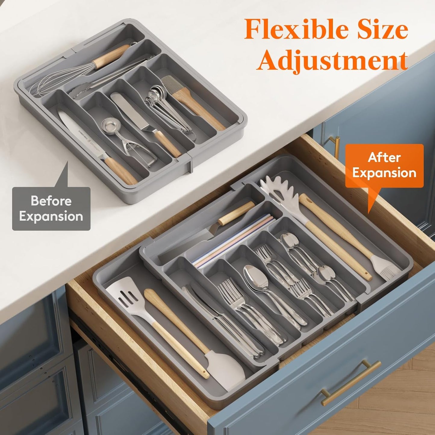 Lifewit Silverware Drawer Organizer, Expandable Utensil Organizer for Kitchen Drawers, Adjustable Cutlery and Flatware Tray, Plastic Spoons Forks Knives Holder Storage Dividers, Medium, Gray