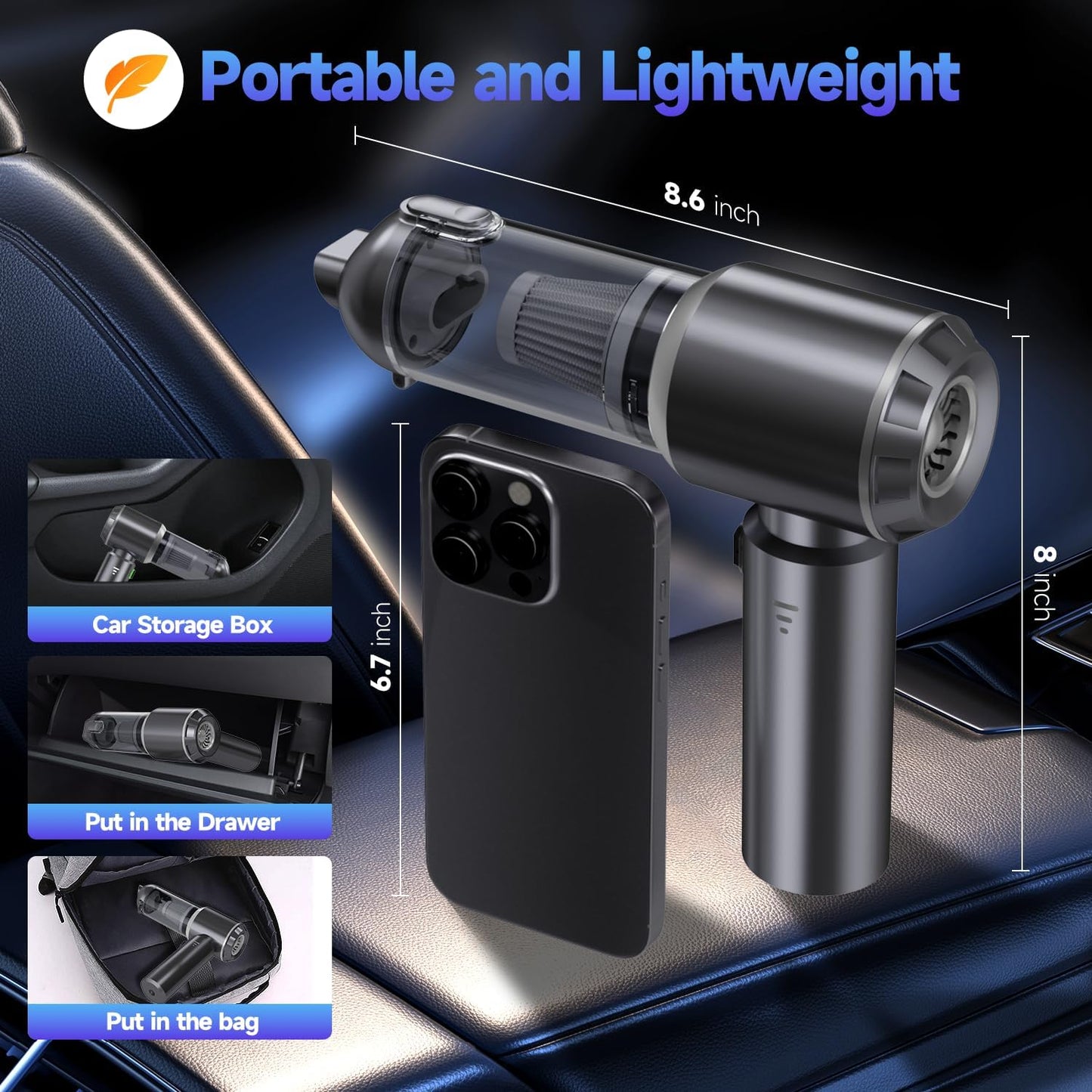 Car Vacuum Portable Cordless, Small Handheld Vacuum Cleaner with 24000PA High Power Suction, Mini Vacuum Cordless Rechargeable with One-Touch Empty, 10-in-1 Hand Vac for Car Home Office Dust