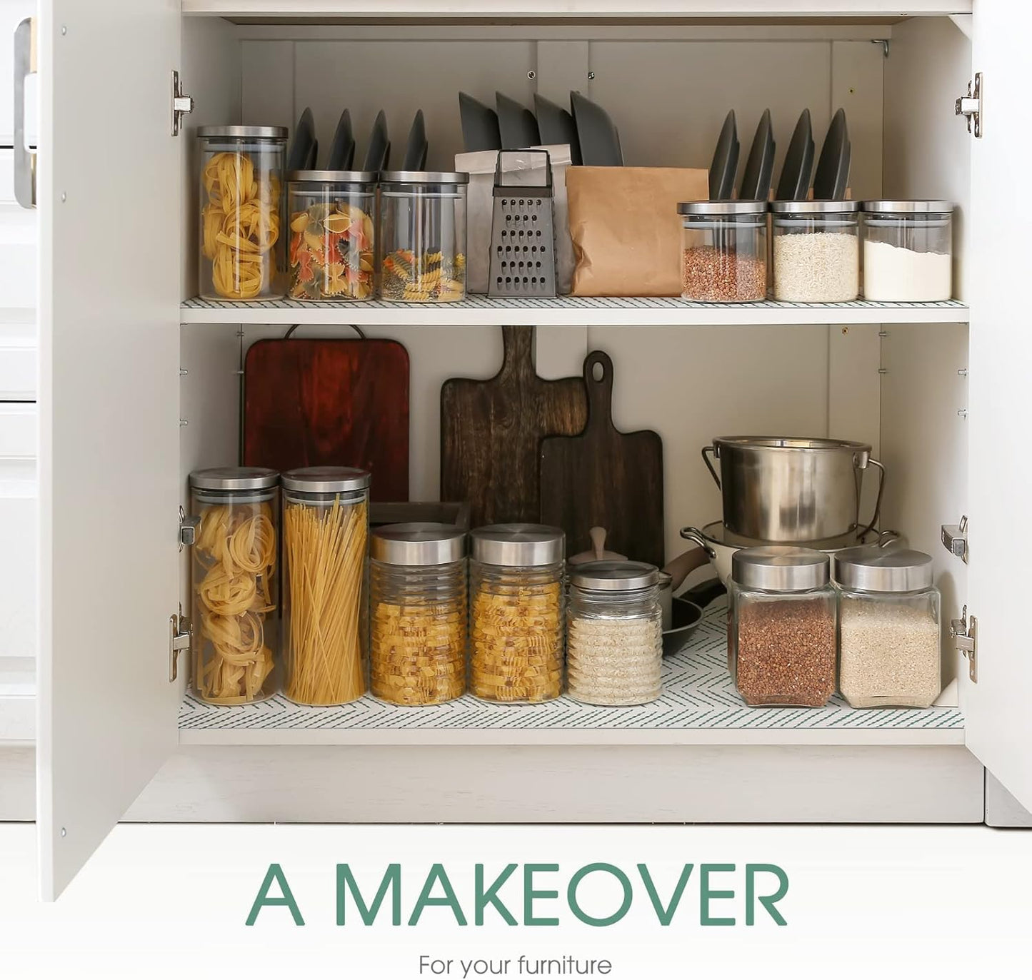 Glotoch Shelf Liners for Kitchen Cabinets Non-Adhesive,12in x 20FT Non Slip Shelf Liner Waterproof Contact Paper for Cabinets and Drawers,Pantry, EVA Wire Shelf Liners,White and Green Herringbone