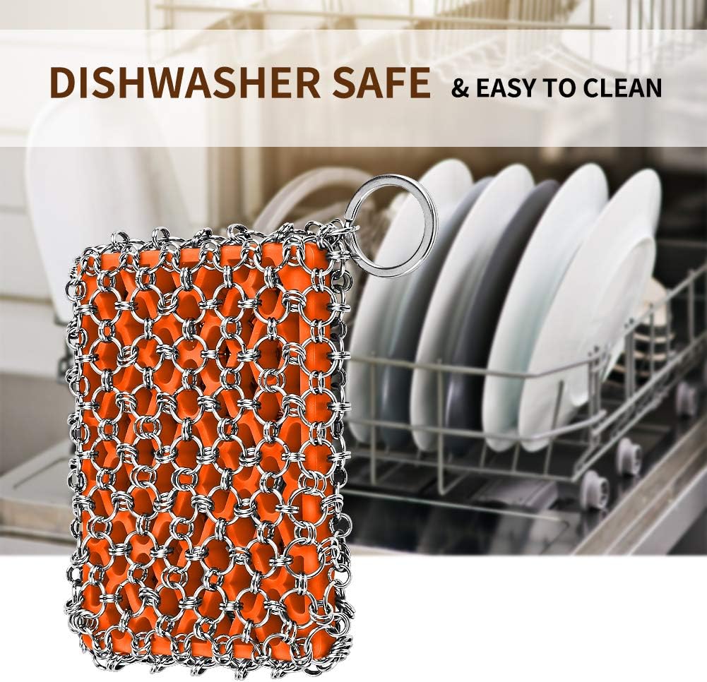 Most Flexible Cast Iron Scrubber, 316L Cast Iron Cleaner Chainmail Scrubber, Chain Scrubber for Cast Iron Pans, Pots, Skillets, Chain Mail Scrubbing Pad Scrub for Cast-Iron, Cast Iron Cleaning