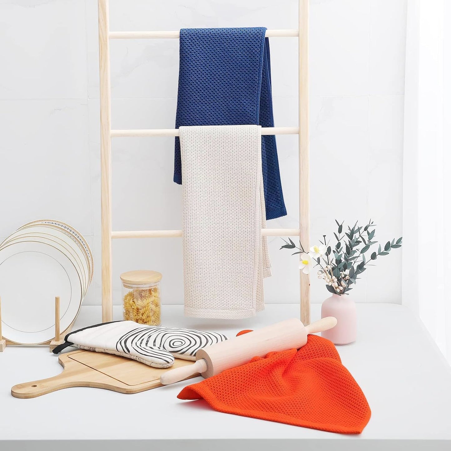 Homaxy 100% Cotton Waffle Weave Kitchen Dish Towels, Ultra Soft Absorbent Quick Drying Cleaning Towel, 13 x 28 Inches, 12-Pack, Navy Blue