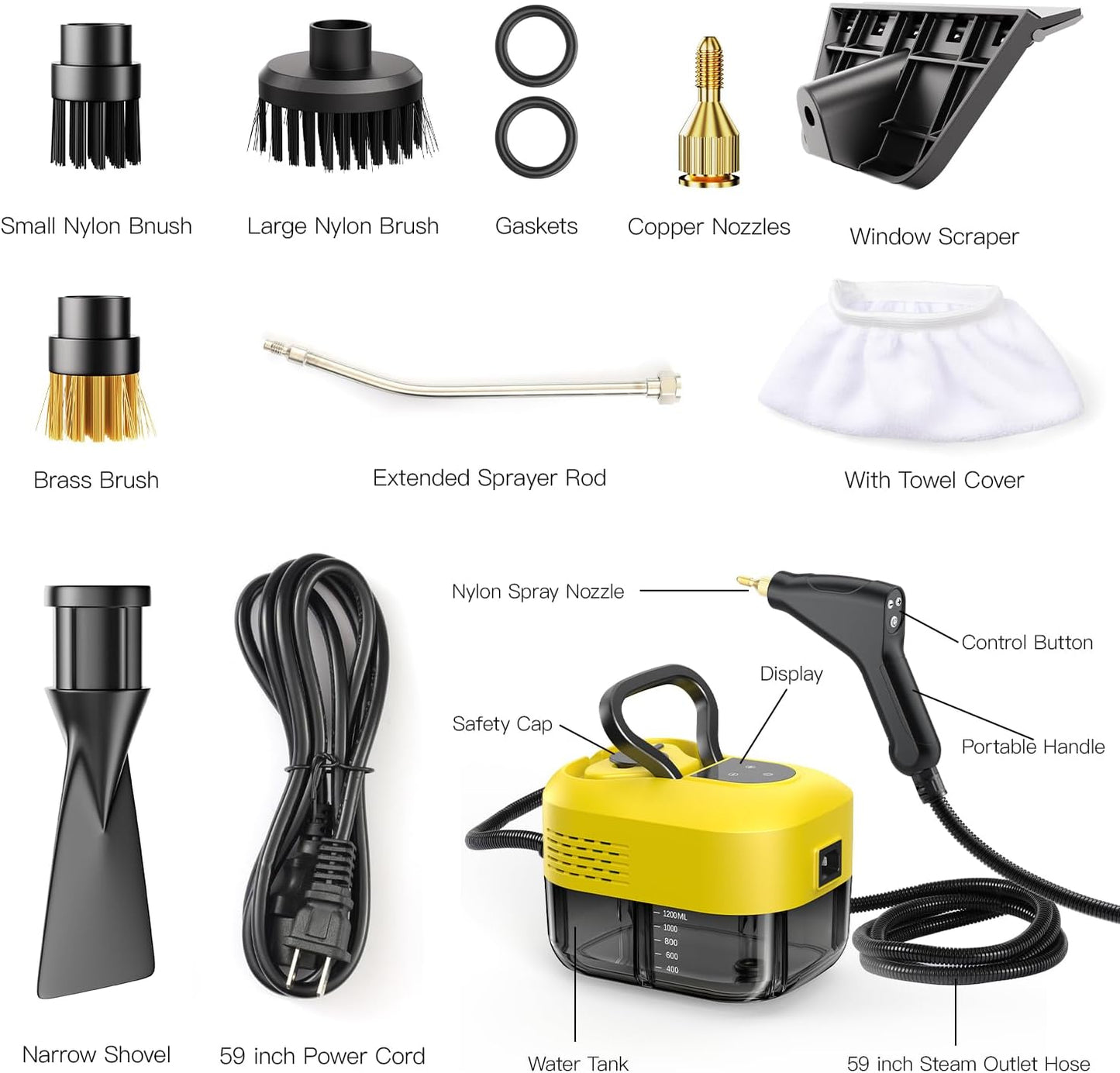 Steam Cleaner for Home&Kitchen, 212°F High Temperature, 1200ML Tank, Portable Handheld Steam Cleaner for Car Carpet Detailing Window Floor Couch Grease Tile, Pressurized Steamer for Cleaning