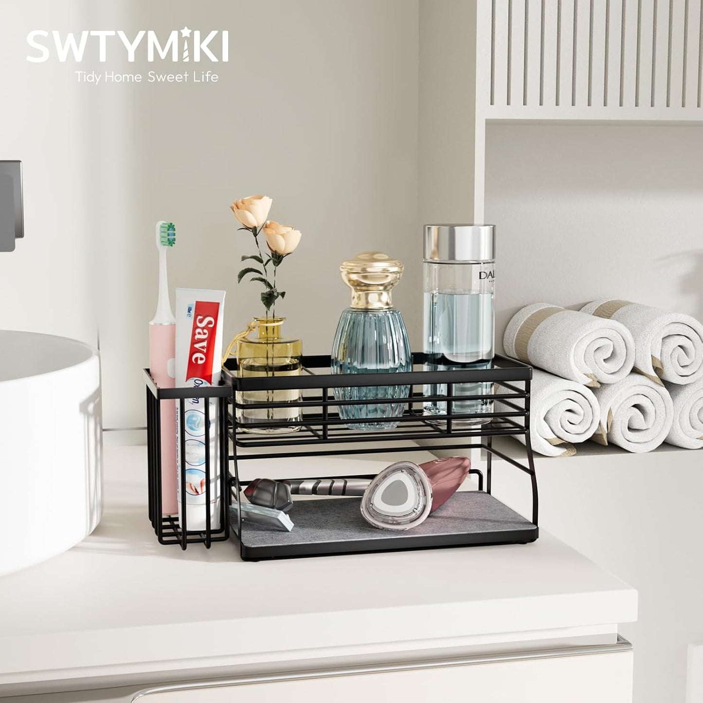 SWTYMIKI Sponge Holder for Kitchen Sink - 2 Tier Rustproof Sink Caddy with Instant Drying Stone, Removable Dish Brush Holder, Stainless Steel Kitchen Caddy for Coutertop Storage Accessories