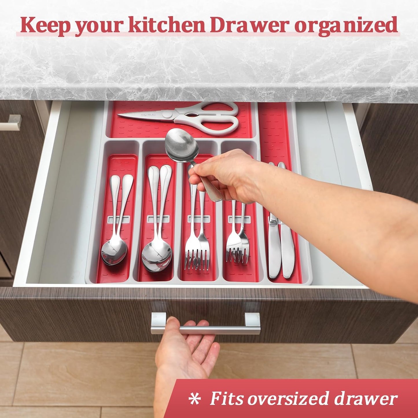 Silverware Organizer with Cutlery Icons,Silverware Tray for Kitchen Drawer,Plastic Flatware Tableware Cultery Drawer Organizer Utensil Organizer with Non-slip TPR Linings,6-Compartment