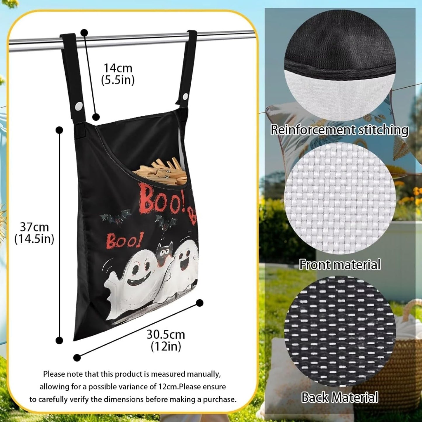 Cute Ghost Clothespin Bag Laundry Hanging Storage Organizer with Rope Clothespin Holder with an Extra Large Opening for Clothesline Outdoor Clothespin Storage with Hanger Hook