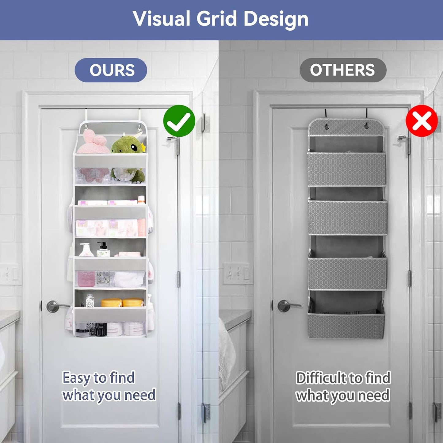 QINGUANG Over The Door Organizer,Hanging Organization And Storage, Behind Door Organizer with Side Pockets, 35 lbs Capacity,Anti Tilt, for Nursery, Bathroom, Bedroom,Dorm (4-Shelf)