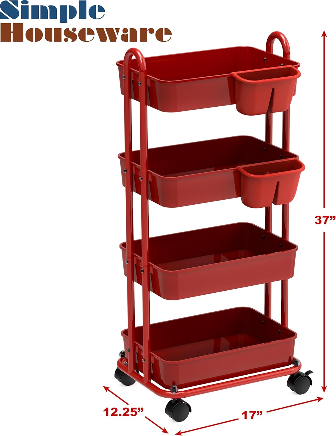 Simple Houseware 4-Tier Multifunctional Rolling Utility Cart with Hanging Buckets, Red