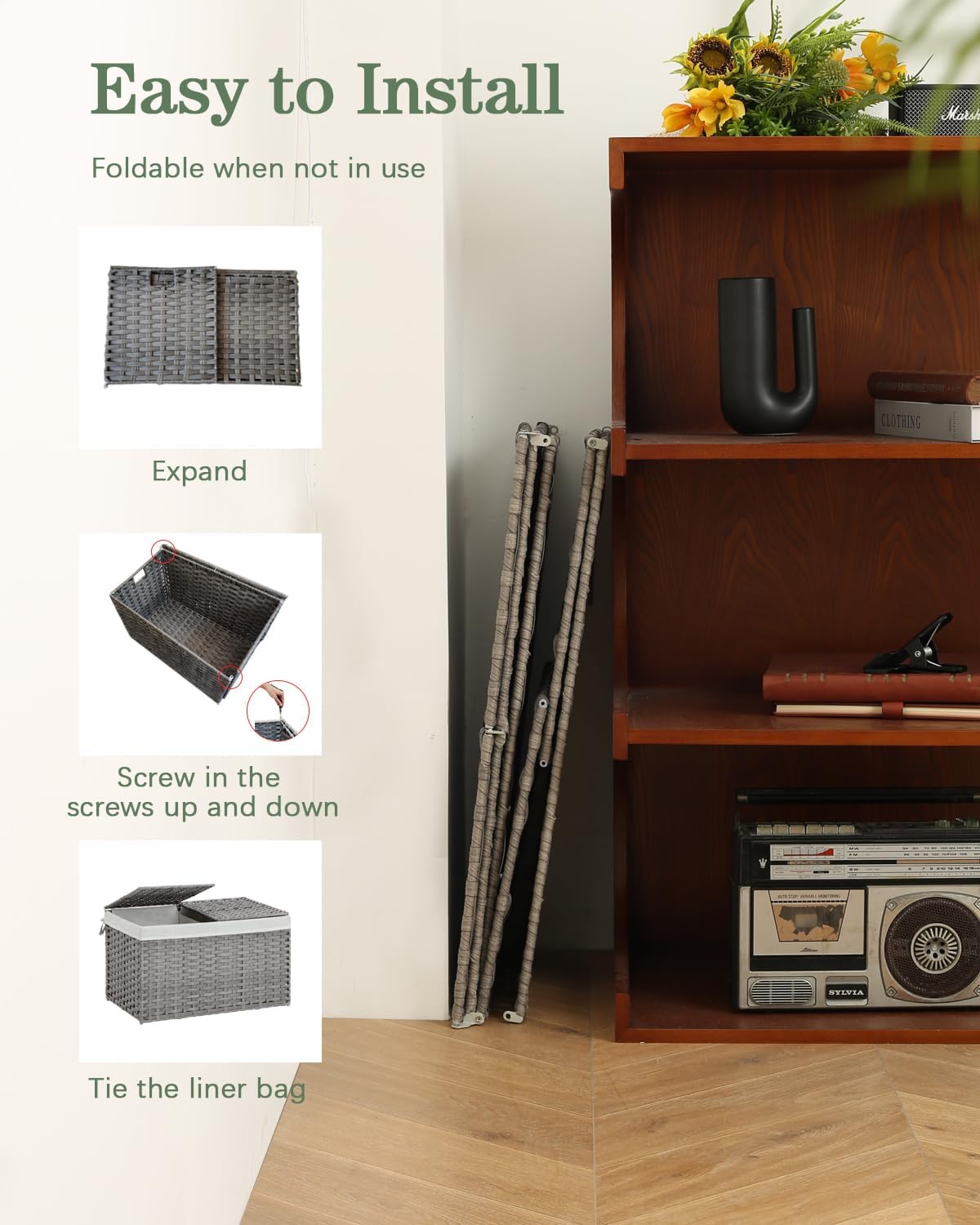 Storage Basket with Lid Wicker Baskets for Storage with 2 Separate Lid 42.3 Gallon (160 L) 29.9 x 17.3 x 18.1 Inches Rattan Woven Large Wicker Basket with 2 Liners for Bedroom Laundry Gray