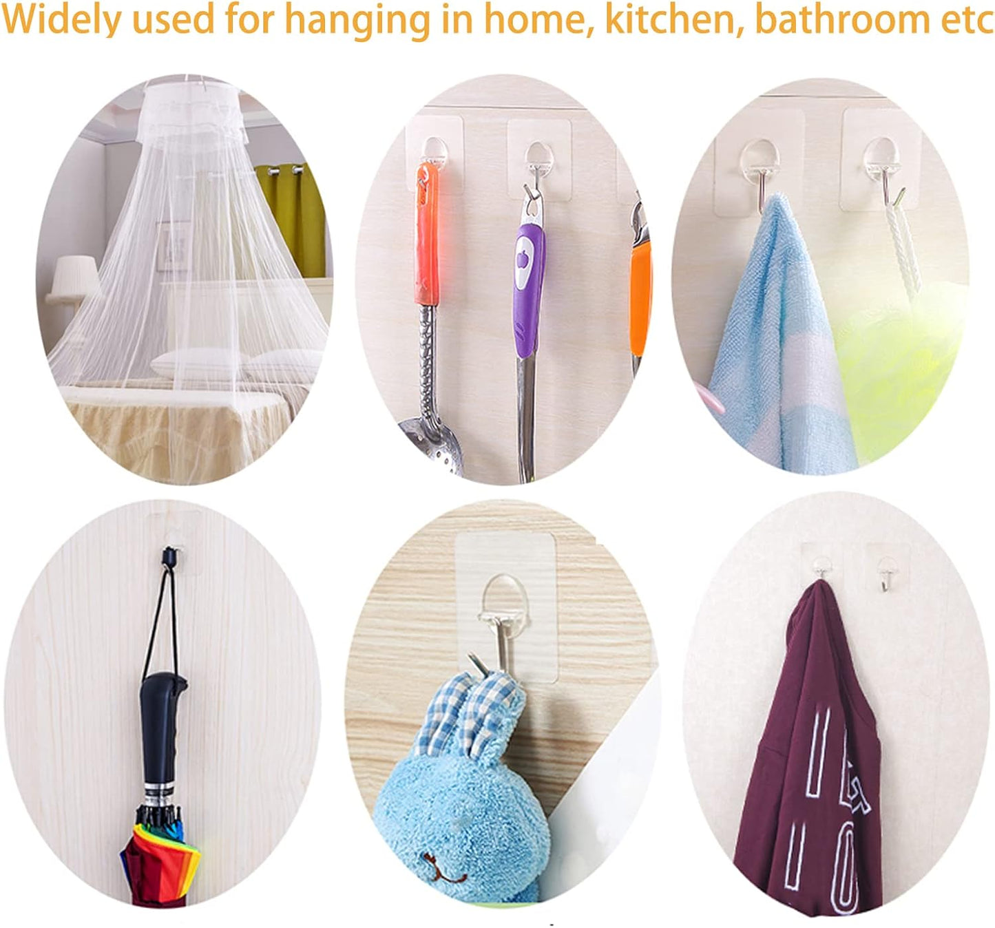 COLOGO 100 Pack Adhesive Hooks 24lb(Max) Heavy Duty Self Adhesive Hooks, Transparent Reusable Seamless Adhesive Wall Hooks for Kitchens, Bathroom, Office