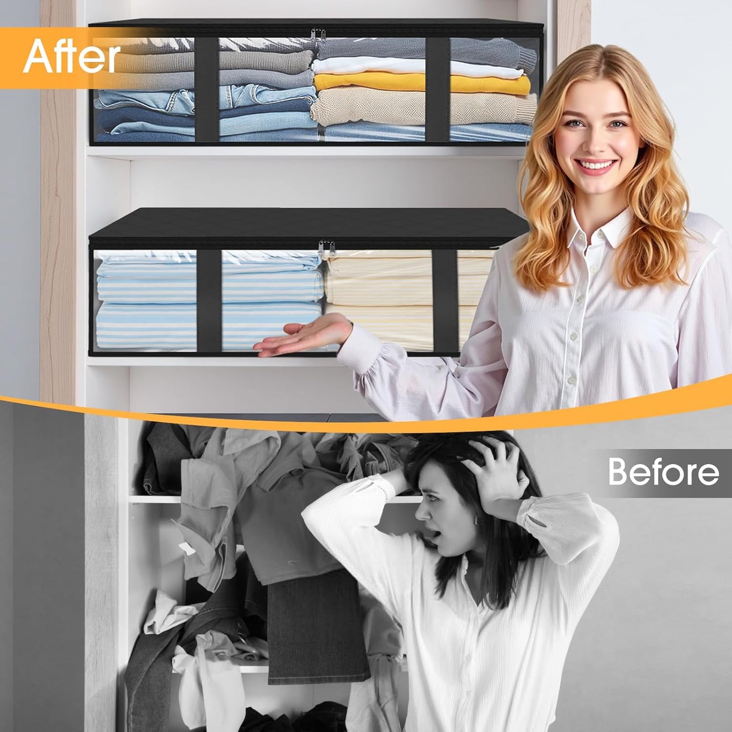 StorageRight Under Bed Storage Bins, 10-Pack 40L Foldable Fabric Storage Bags with Transparent Window, Breathable Organizer for Clothes/Blanket/Comforter/Quiltr, Black