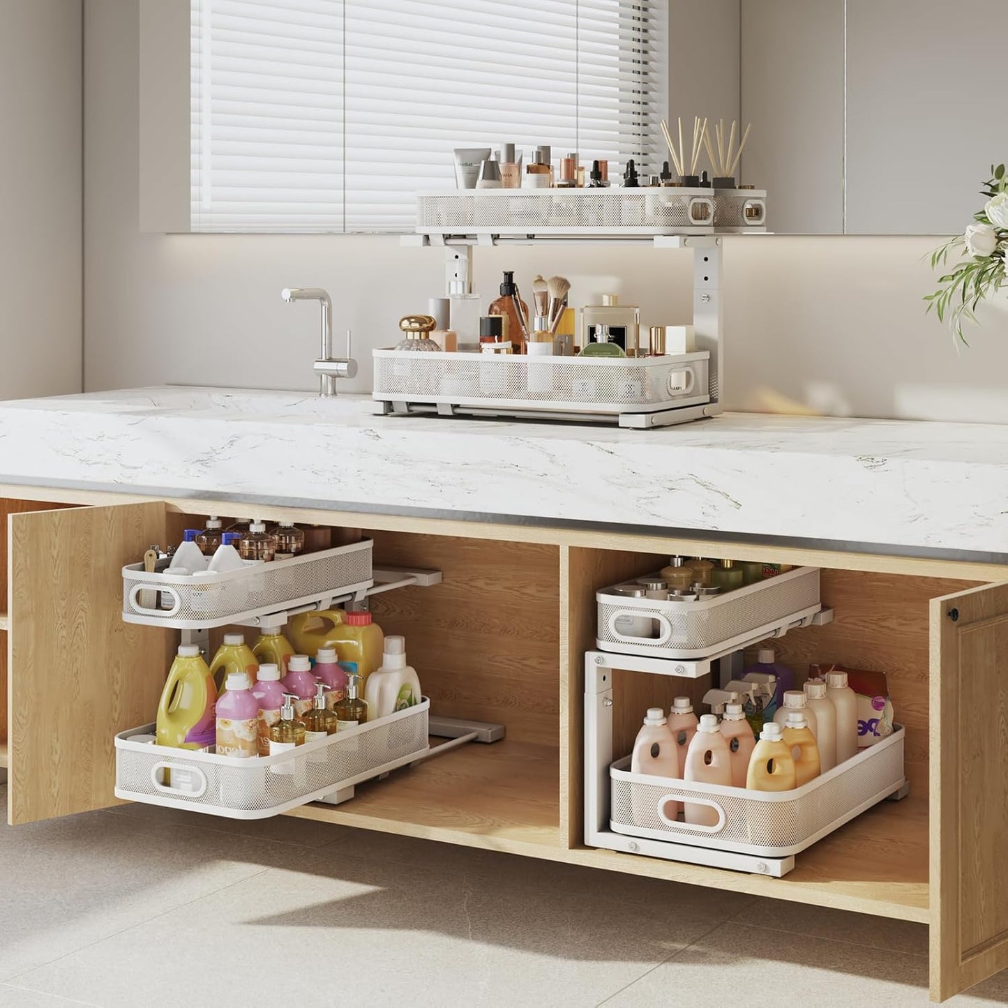 2 Pack 17.3IN-Depth Under Sink Organizer with Smooth Cylindrical Rail,2-Tier Pull Out Multi-Purpose Cabinet Storage for Bathroom&Kitchen,Height Adjustable,Rust-Resistant Coating-White