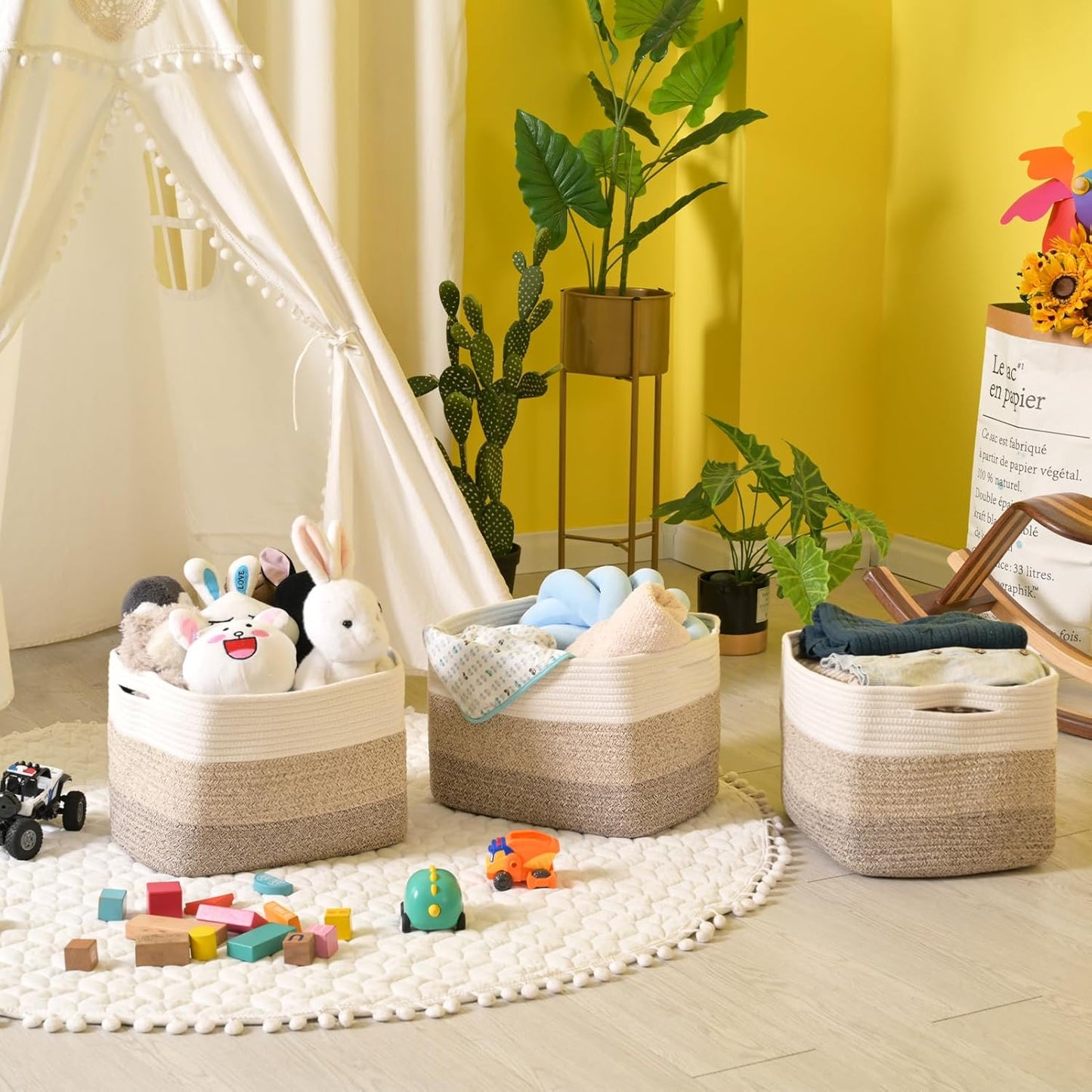 Storage Baskets for Organizing Shelves, Woven Cotton Rope Bins for Baby Nursery Organization, Book Toy Towel Organizer, 15"x11"x9.5", 3 Packs, Gradient Brown