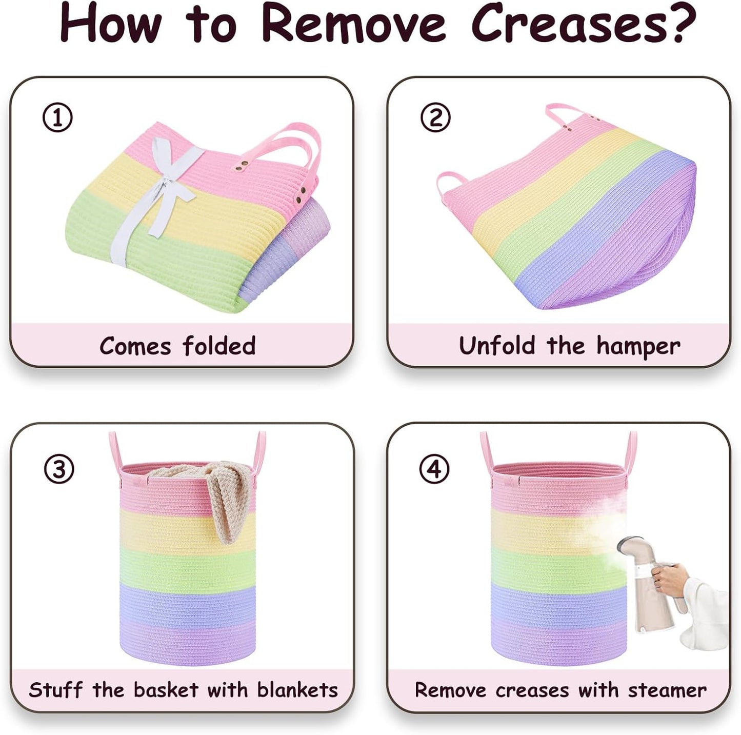 VIPOSCO Tall Laundry Basket, Large Dirty Clothes Hamper with Leather Handle, Woven Rope Storage Basket for Blanket, Toy In Living Room, Bathroom, Bedroom - 58L Rainbow