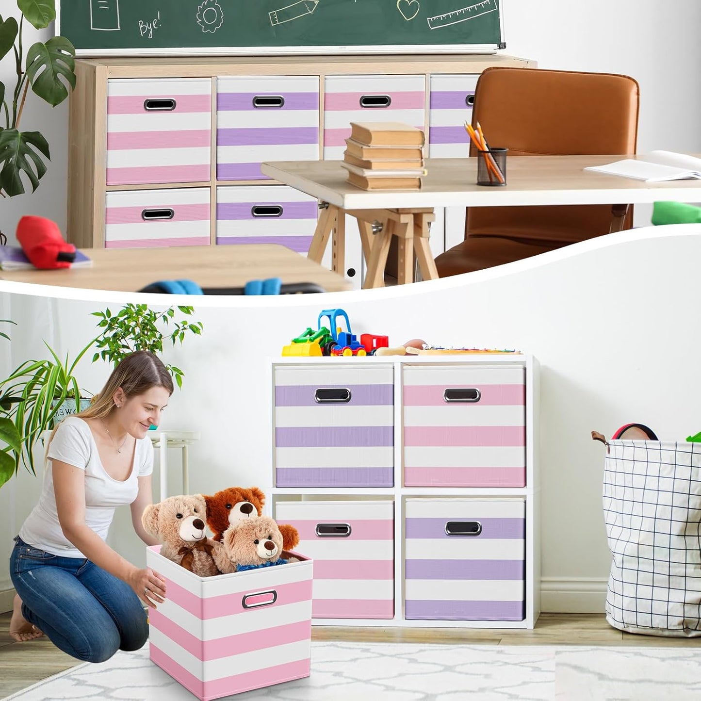 6 Pcs Fabric Storage Cubes with Metal Handle Back to School Classroom Supplies 11 Inch Macaron Colored Striped Style Collapsible Bins Organizer for School Nursery(Purple, Pink)