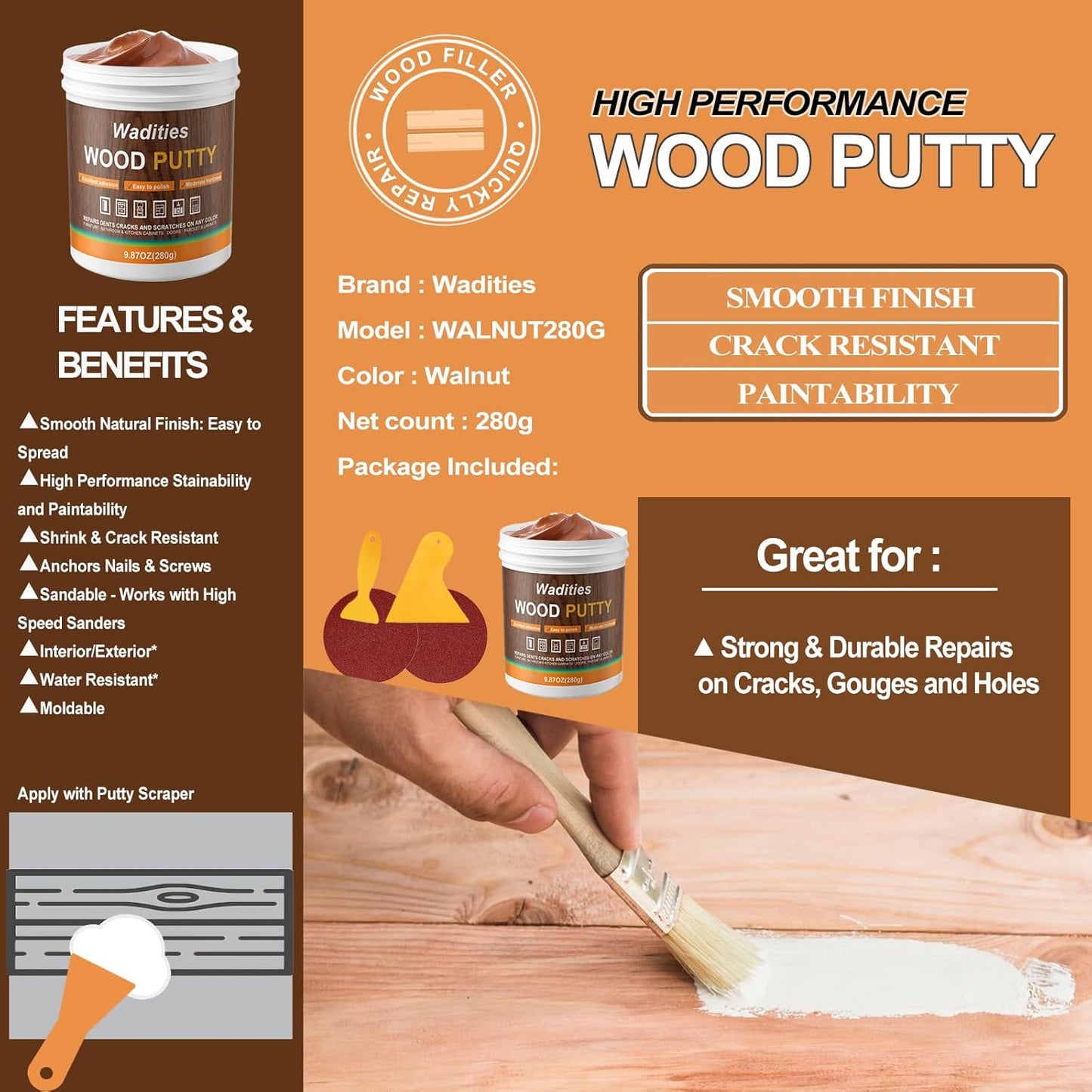 Walnut Wood Filler, Walnut Wood Putty, Paintable Stainable Wood Repair Putty, 9.87 Ounce Wood Furniture Repair kit, Quickly Repair Wood Cracks and Holes on Wooden Floor Furniture (Walnut)