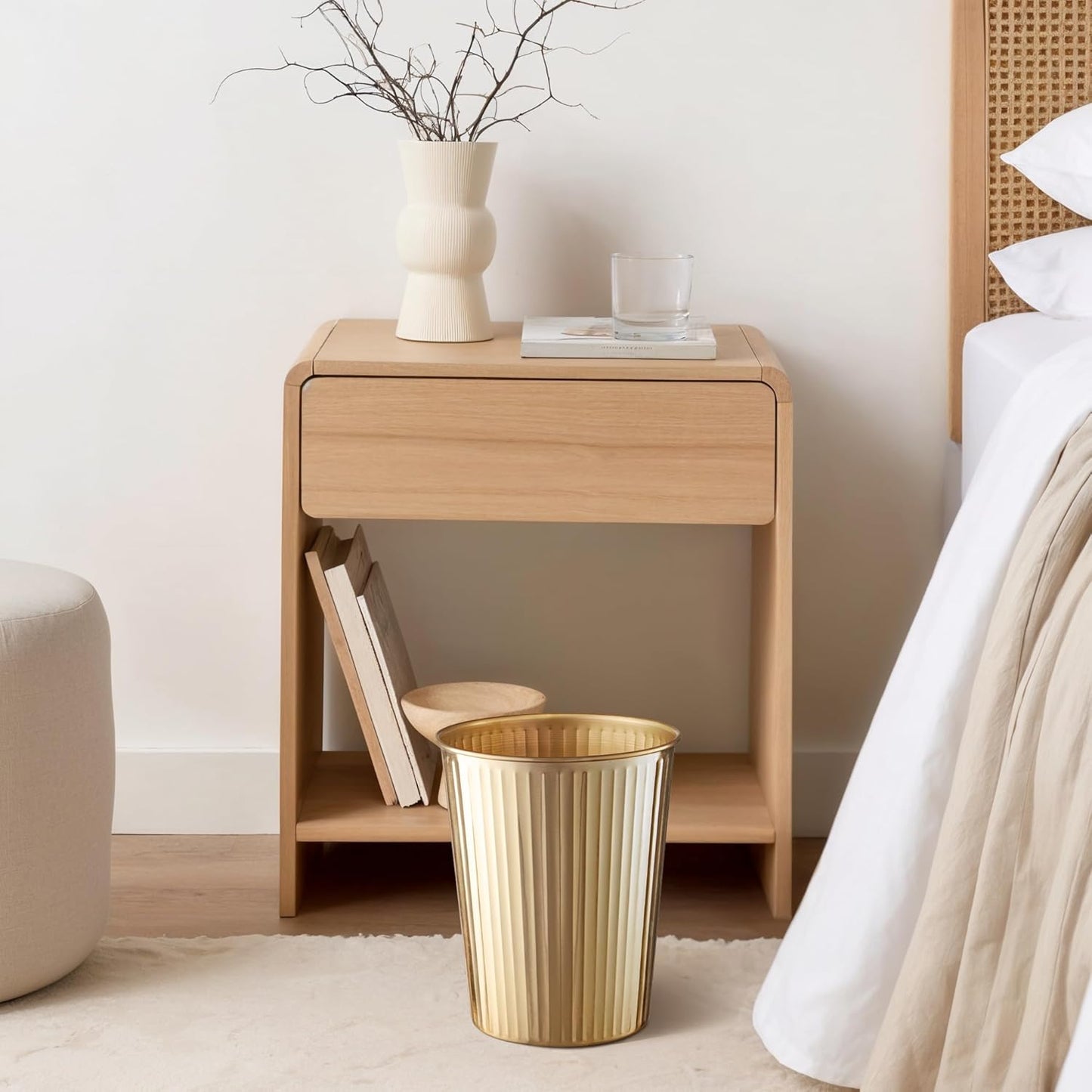 Monarch Abode Brushed Gold Handcrafted Ridge Embossed Metal Wastebasket for Home Office, Decorative Waste Basket, Modern Bathroom Garbage Can, Durable & Decorative Trash Bin, Brushed Gold Trash Can
