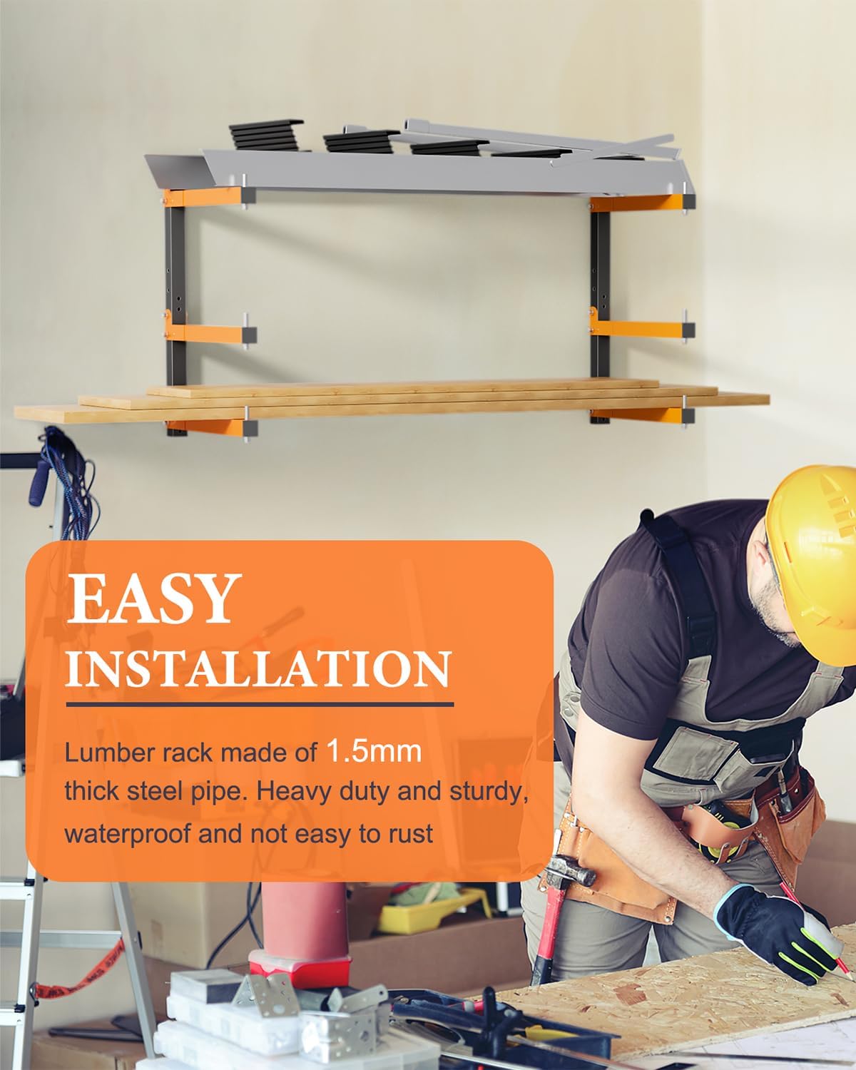 Lumber Storage Rack Wall-Mounted Lumber Racks Heavy Duty Wood Storage Rack with 6-Level Holds Up 720 LBS Sturdy Folding Garage Wood Organizer Orange Shelving Metal Shelf for Indoor & Outdoor- 4 Pack