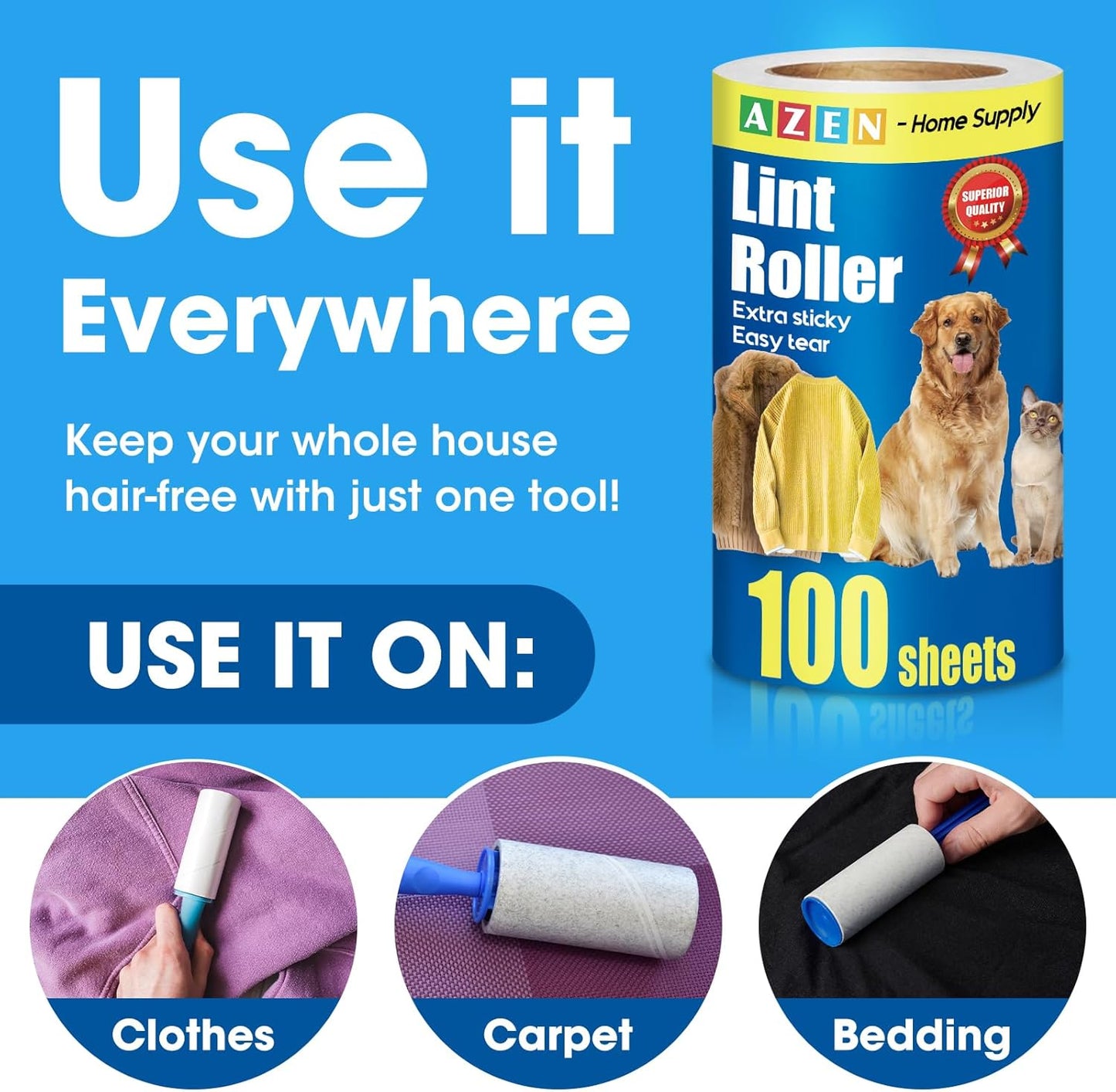 AZEN Lint Roller, Lint Rollers for Pet Hair Extra Sticky, 1200 Sheets Lint Roller with 6 Upgraded Handles, 12 Roller Portable Lint Remover for Clothes, Pet Hair Remover, Lint Rollers for Clothes