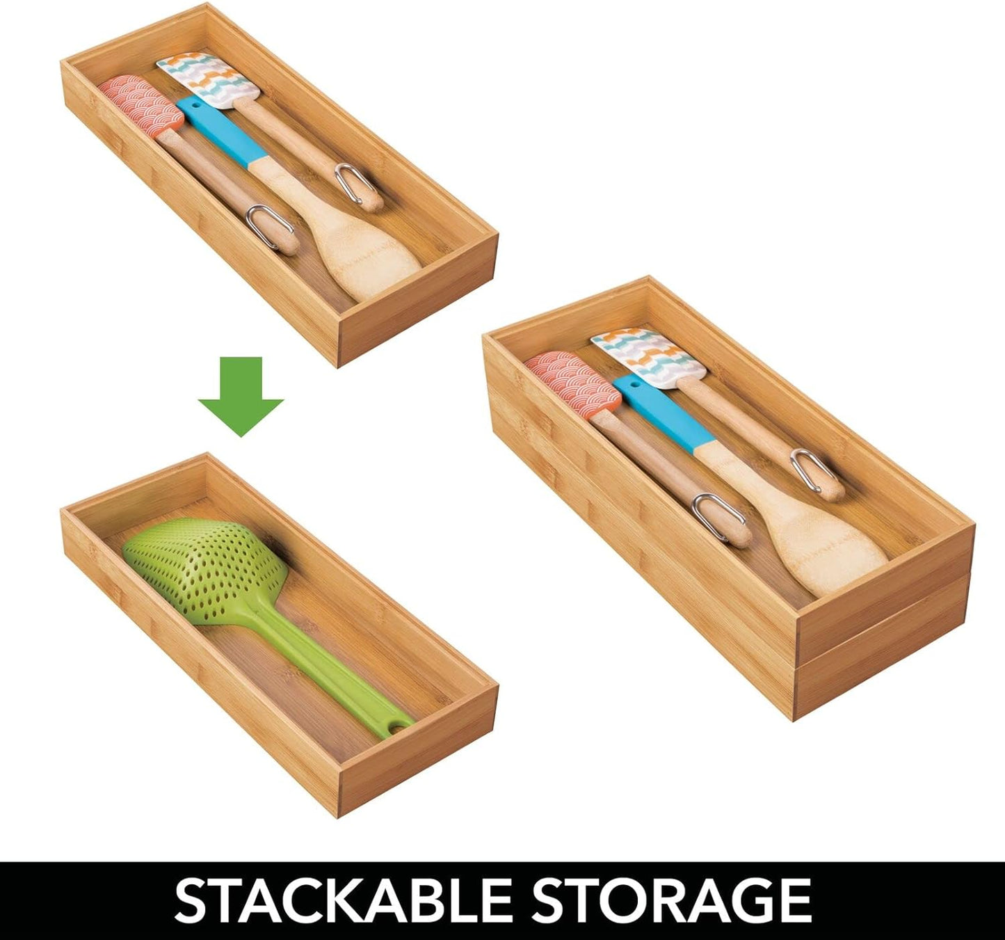 mDesign Wooden Bamboo Drawer Organizer - 15" Long Stackable Storage Box Tray for Kitchen Drawers/Cabinet - Utensil, Silverware, Spatula, and Flatware Holder - Echo Collection - 2 Pack, Natural Wood