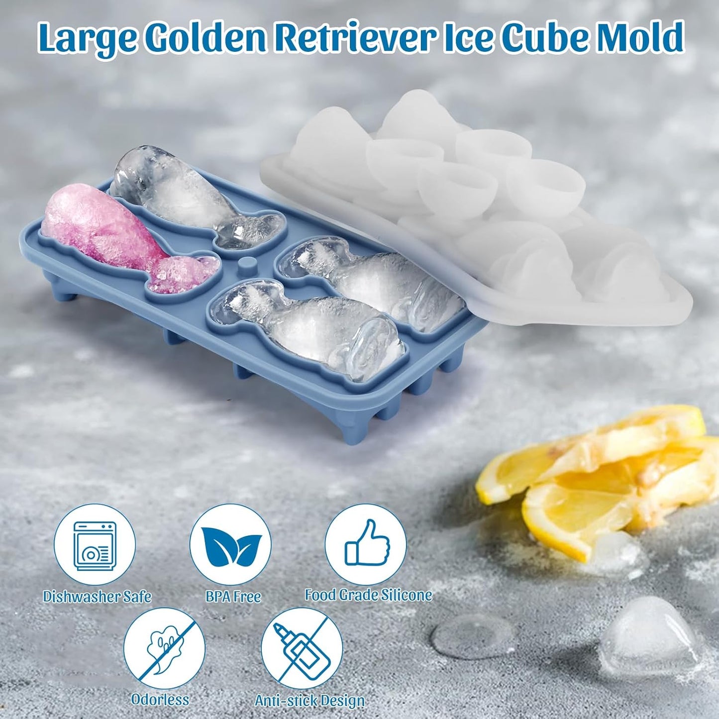 Silicone Ice Cube Tray,Golden Retriever 3D Large Ice Cube Molds for Whiskey,Cocktails,Wine,Juice and Bourbon,4 Big Cute Animal Ice Trays for Freezer with Lid Easy-Release BPA Free(Golden Retriever)