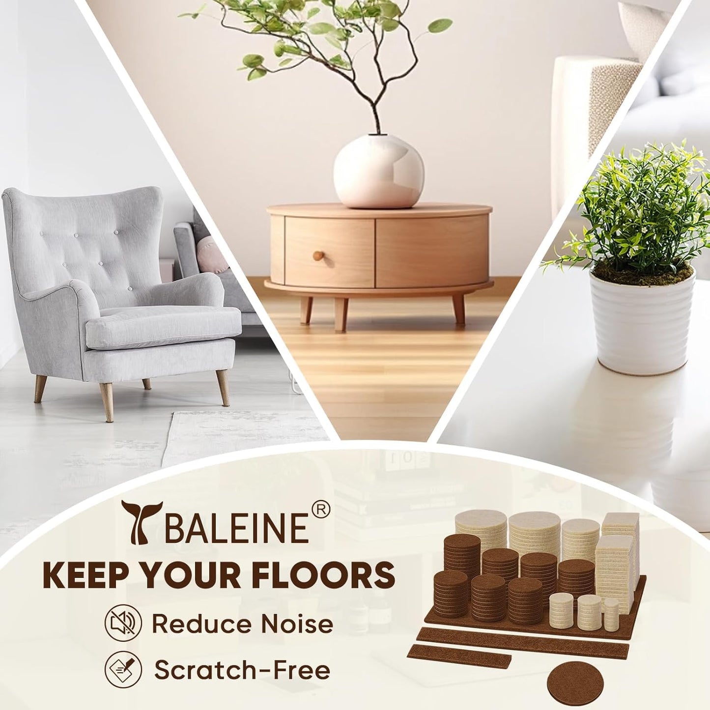 BALEINE 141PCS Felt Furniture Pads, Multi-Size Felt Pads for Chair Legs, Tables, Beds, Scratch-Reducing Floor Protectors for Hardwood Floors, Tile, Vinyl, and Laminate (141PCS, Beige+Brown)