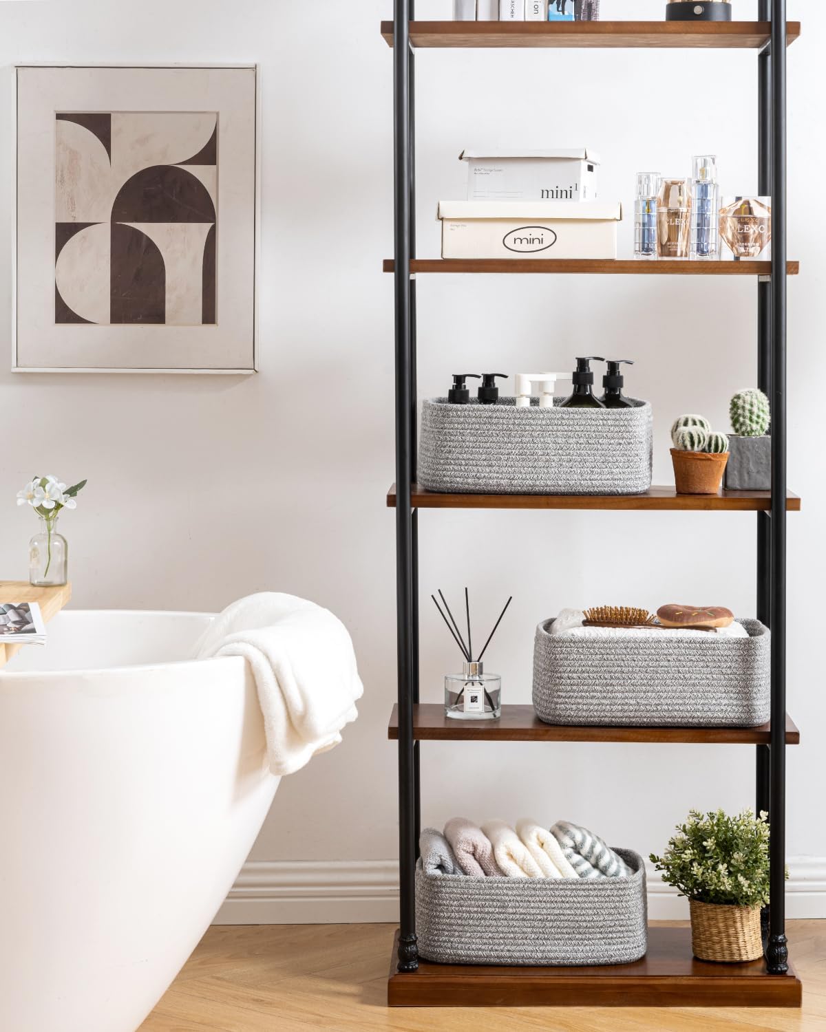 Small Woven Basket, 13.5 x 9.5 x 5 Inches, Storage Basket for Organizing, Cute Small Rope Shelf Closet Cube Storage Bins Baskets for Shelves, Dog Toy Gift Baskets Empty, 3 Packs, Mixed Grey