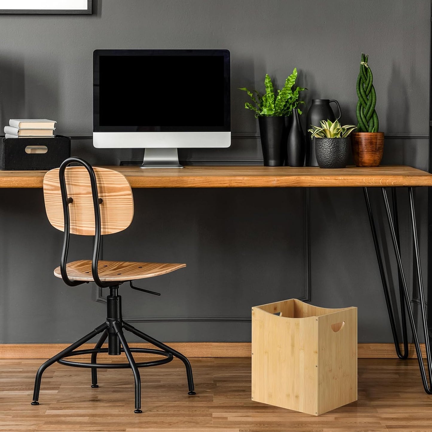 MOOACE Small Wastebaskets, 5 Gallon Trash Can with Handles, Rectangular Waste Baskets Bamboo Garbage Can for Bathroom Kitchen Living Room Office Decorative Under Counter